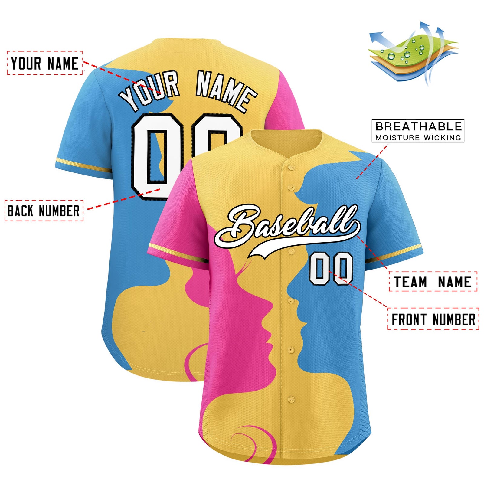 Custom Khaki Light Blue Pink Silhouettes of Loving Couple Valentine's Day Baseball Jersey| KXKSHOP