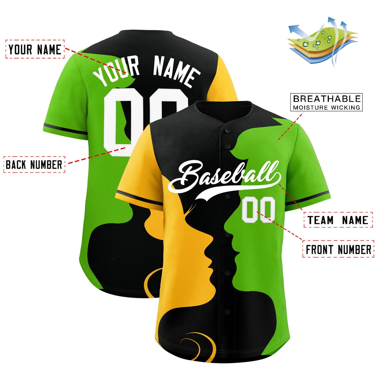 Custom Black Gold Neon Green Silhouettes of Loving Couple Valentine's Day Baseball Jersey| KXKSHOP