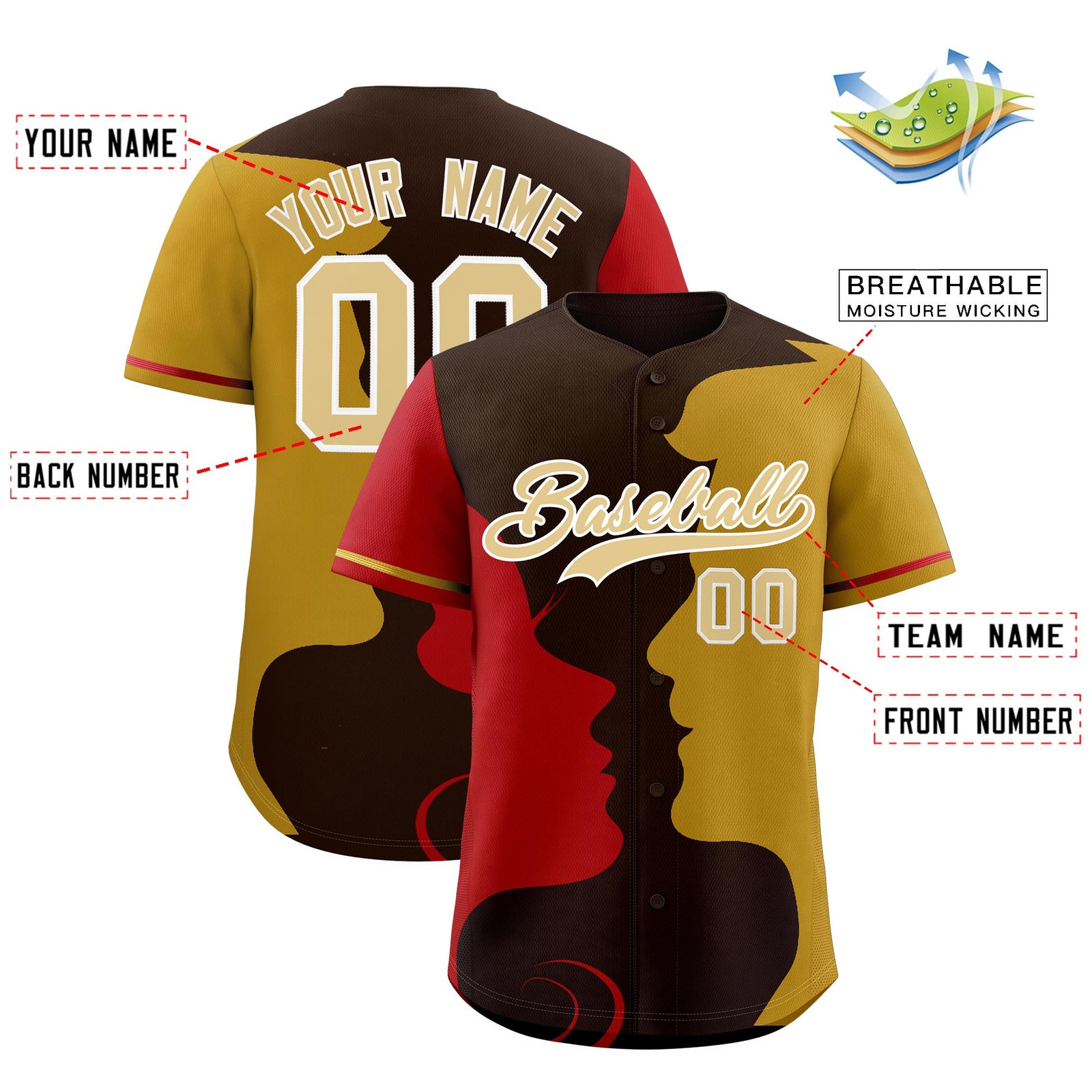 Custom Red Old Gold Silhouettes of Loving Couple Valentine's Day Baseball Jersey| KXKSHOP