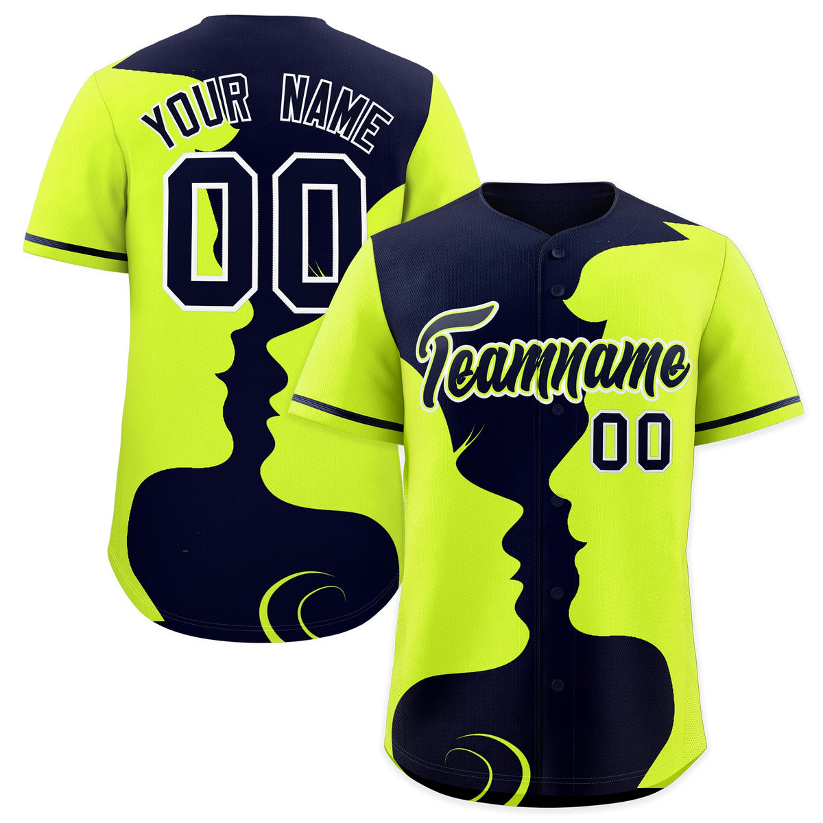 Custom Navy Neon Green Silhouettes of Loving Couple Valentine's Day Baseball Jersey| KXKSHOP