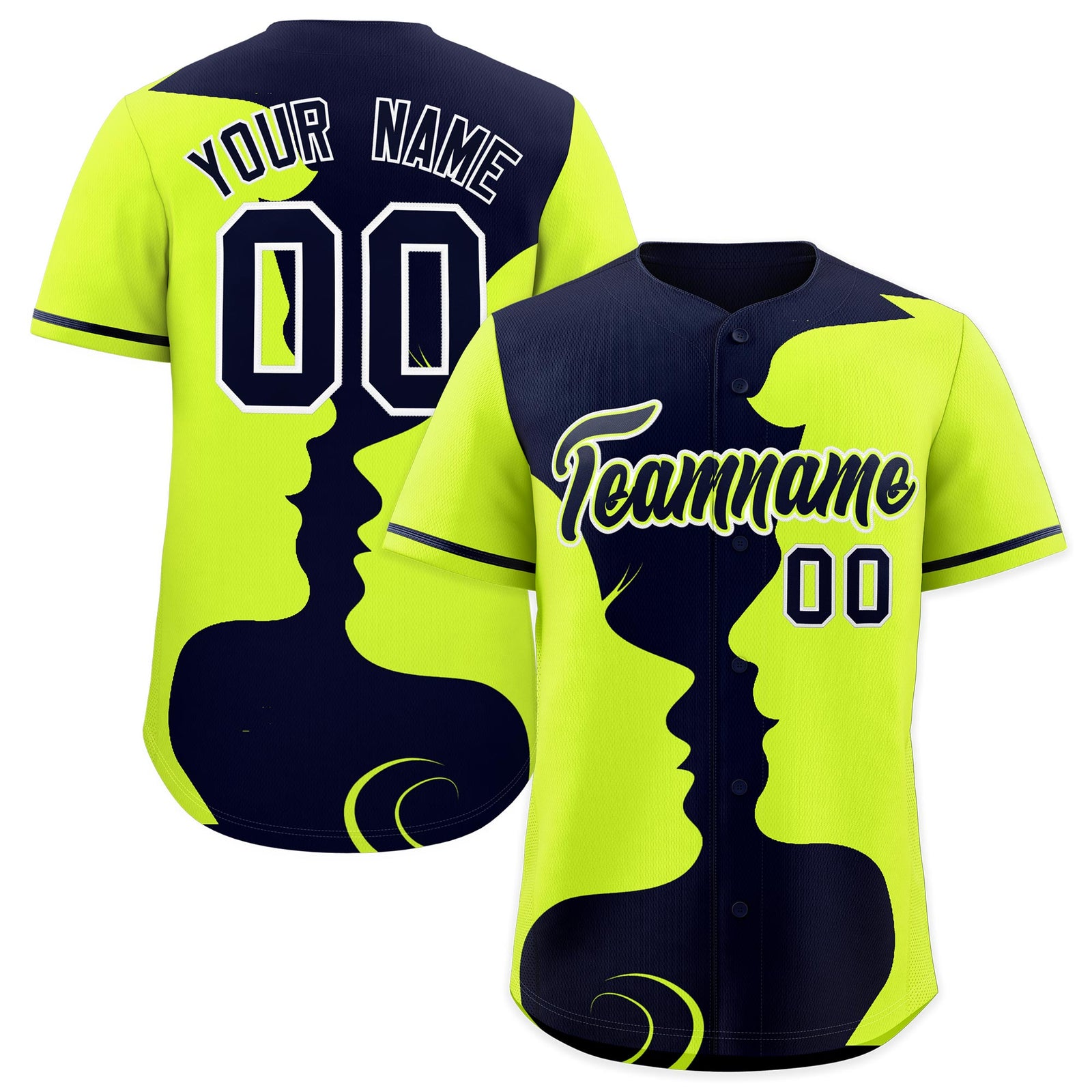 Custom Navy Neon Green Silhouettes of Loving Couple Valentine's Day Baseball Jersey| KXKSHOP