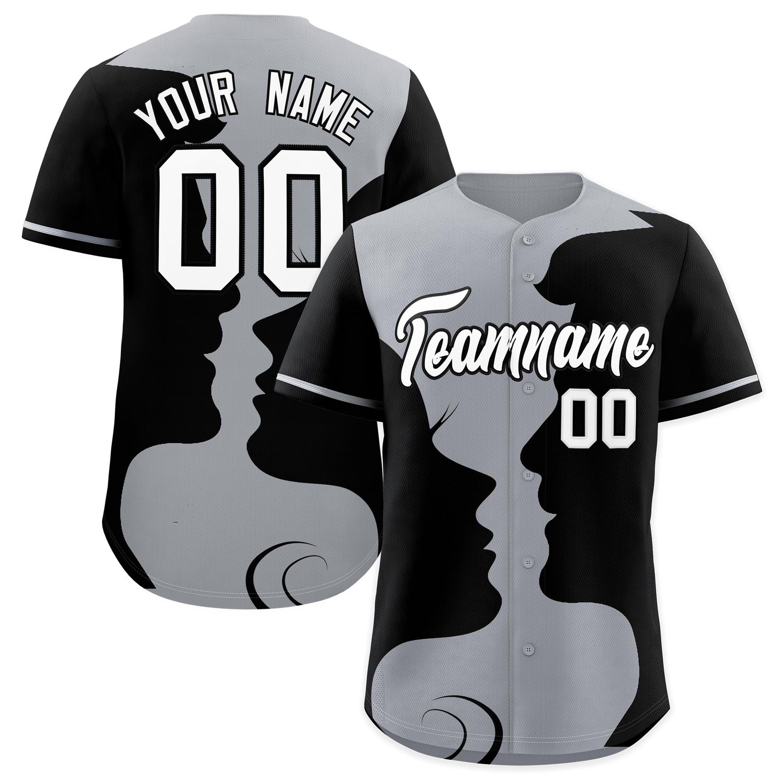 Custom Silver Gray Black Silhouettes of Loving Couple Valentine's Day Baseball Jersey| KXKSHOP