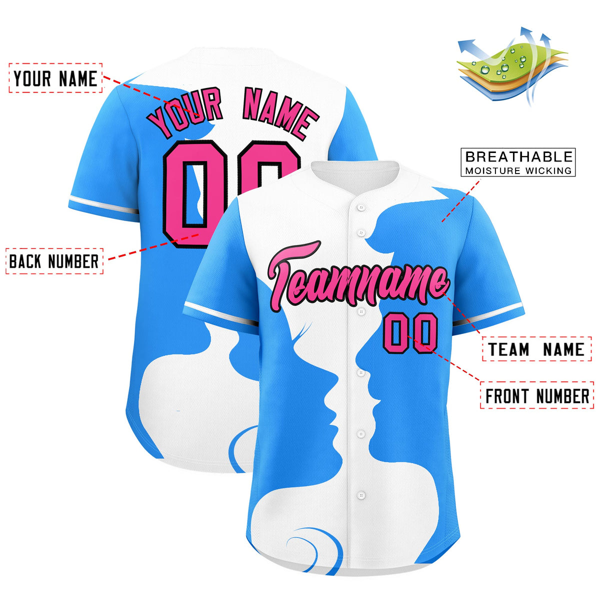 Custom White Powder Blue Silhouettes of Loving Couple Valentine's Day Baseball Jersey| KXKSHOP