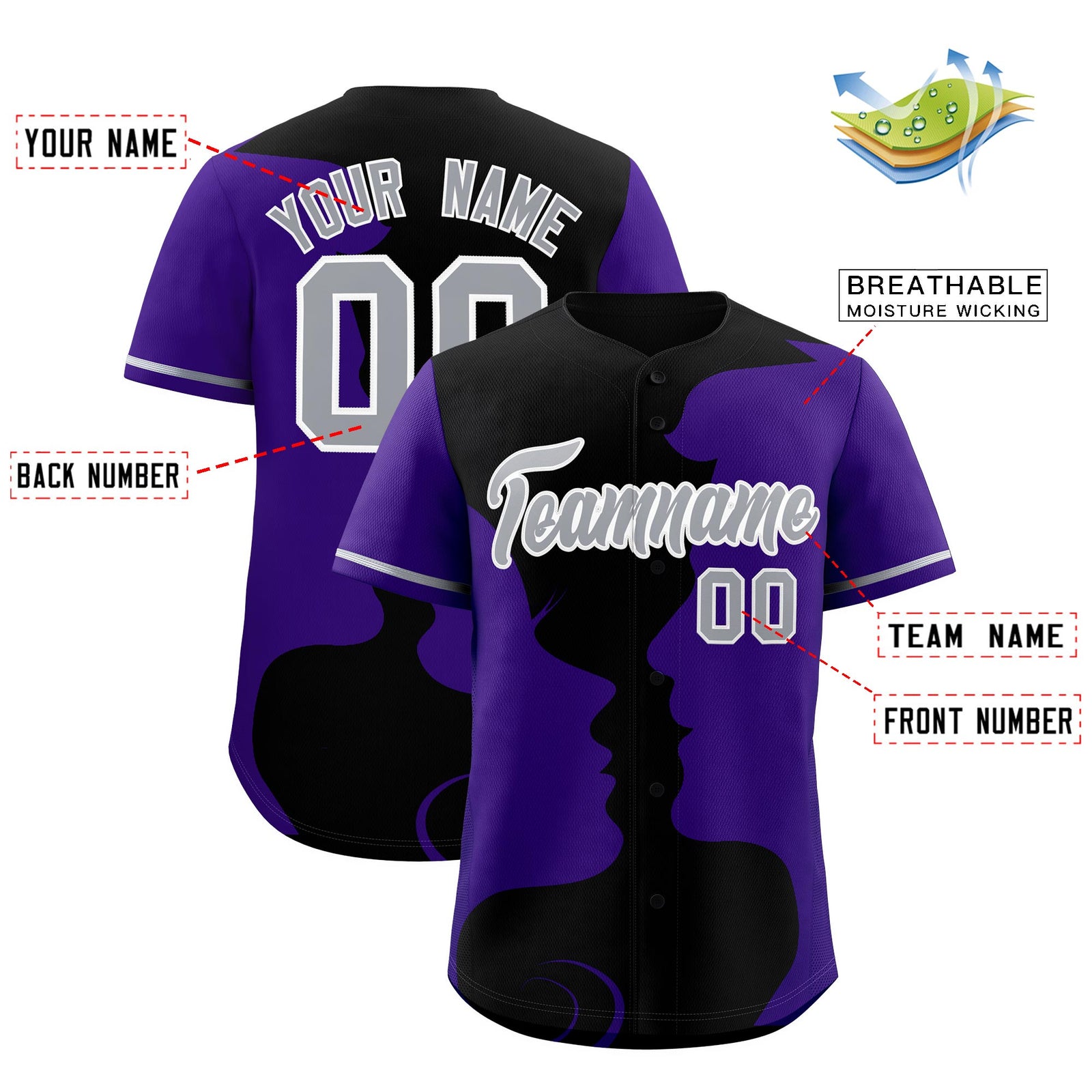 Custom Black Purple Silhouettes of Loving Couple Valentine's Day Baseball Jersey| KXKSHOP