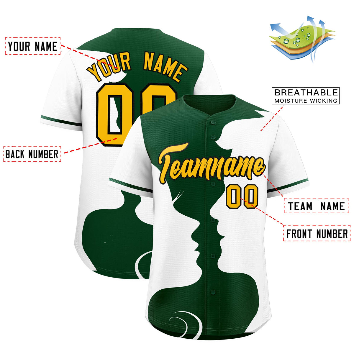 Custom Green White Silhouettes of Loving Couple Valentine's Day Baseball Jersey| KXKSHOP