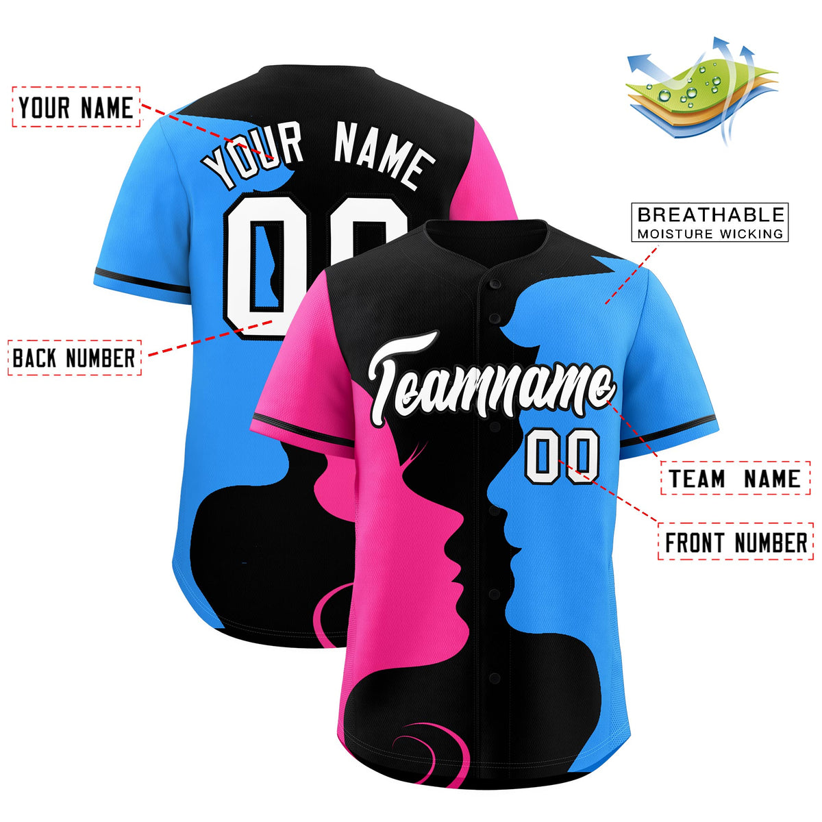 Custom Black Pink Powder Blue Silhouettes of Loving Couple Valentine's Day Baseball Jersey| KXKSHOP