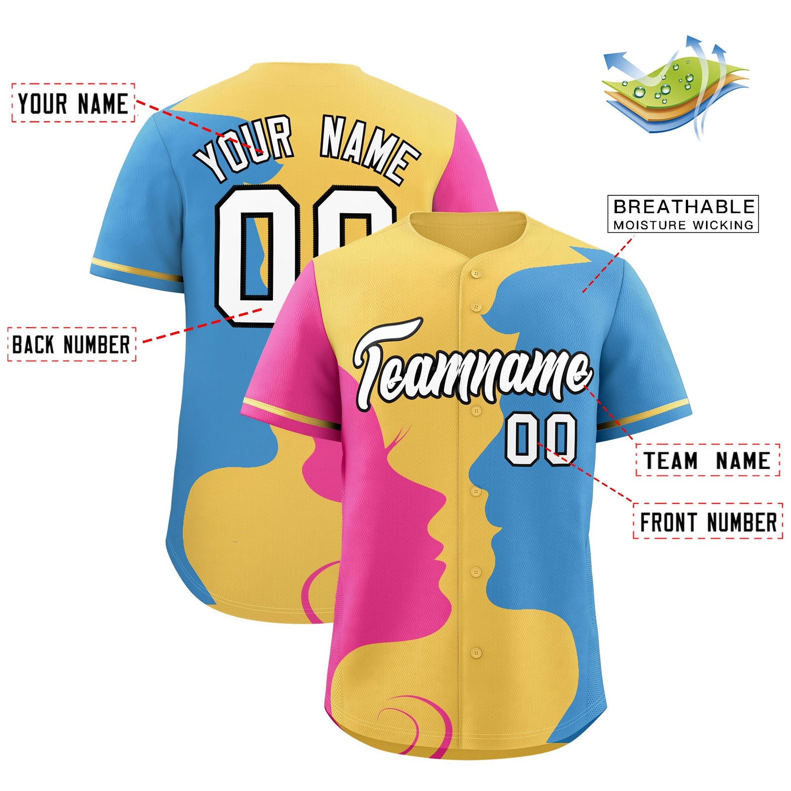 Custom Khaki Light Blue Pink Silhouettes of Loving Couple Valentine's Day Baseball Jersey| KXKSHOP