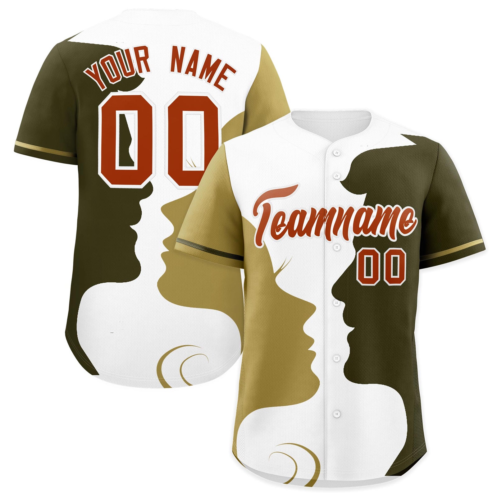 Custom Old Gold Olive White Silhouettes of Loving Couple Valentine's Day Baseball Jersey| KXKSHOP