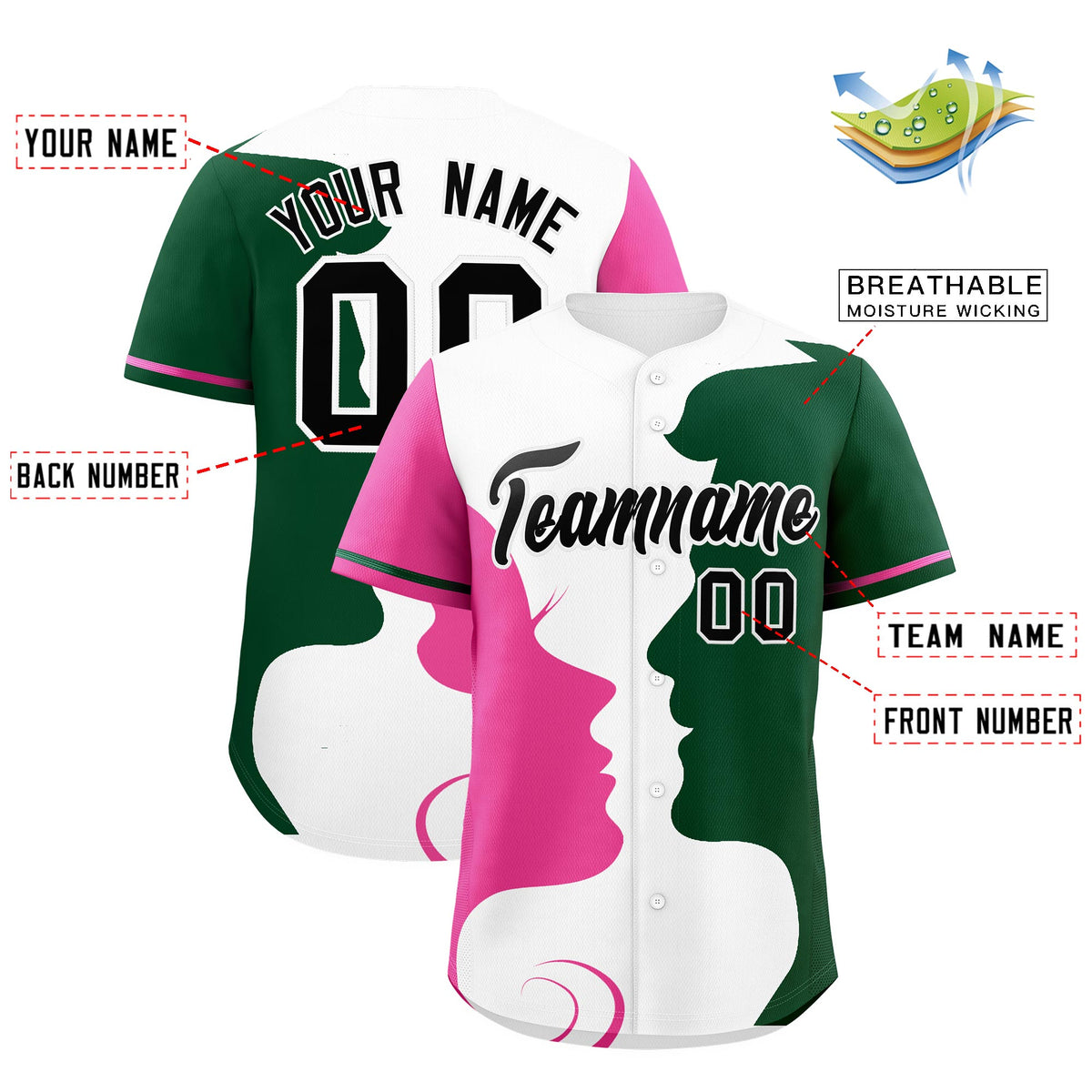 Custom Green Pink White Silhouettes of Loving Couple Valentine's Day Baseball Jersey| KXKSHOP