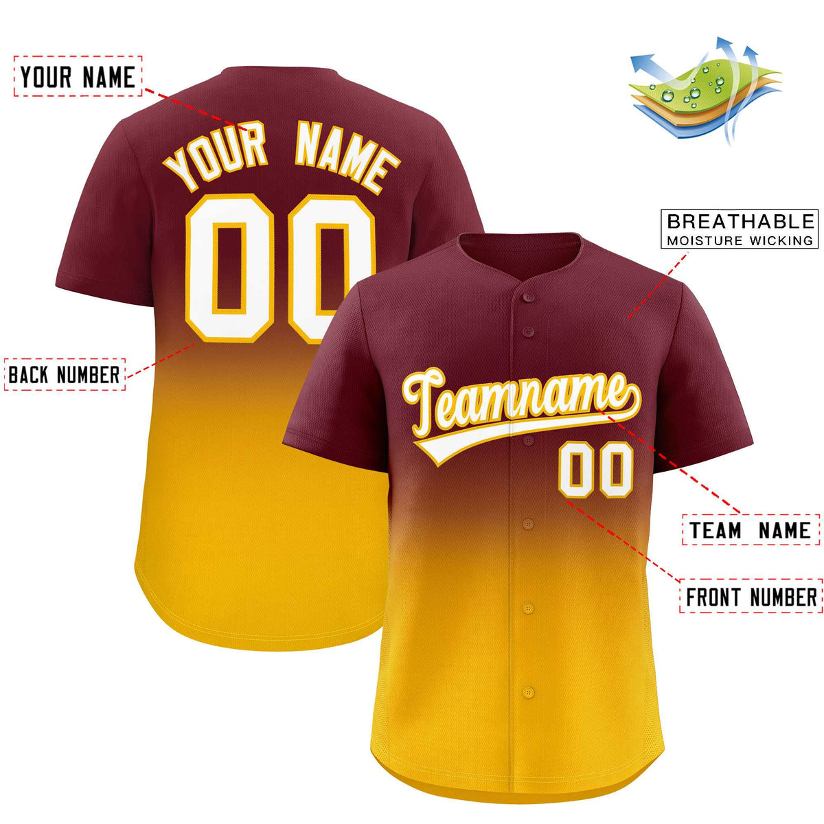 Custom Maroon Yellow Gradient Fashion Authentic Baseball Jersey