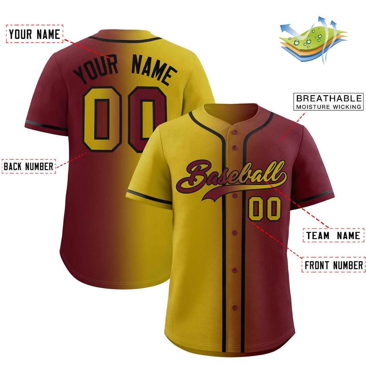 Custom Old Gold Maroon Two Tone Gradient Fashion Authentic Baseball Jersey