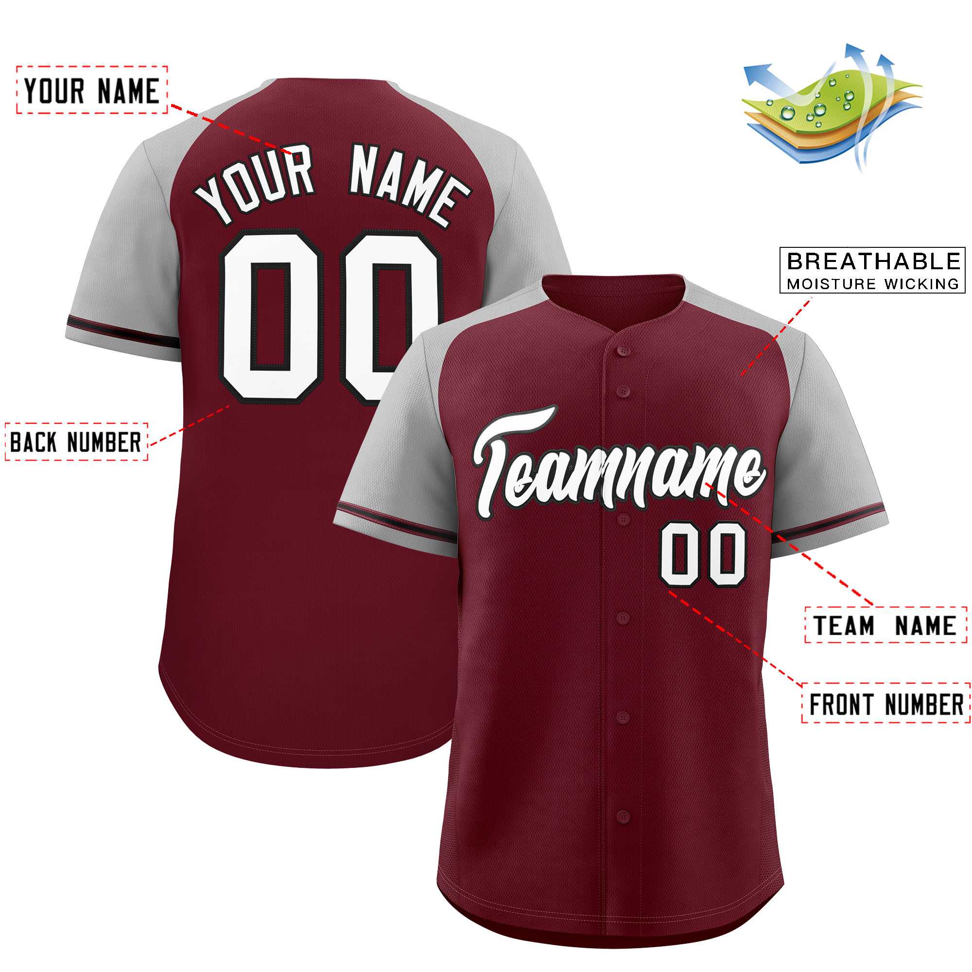 Custom Maroon Gray Raglan Sleeves Authentic Baseball Jersey