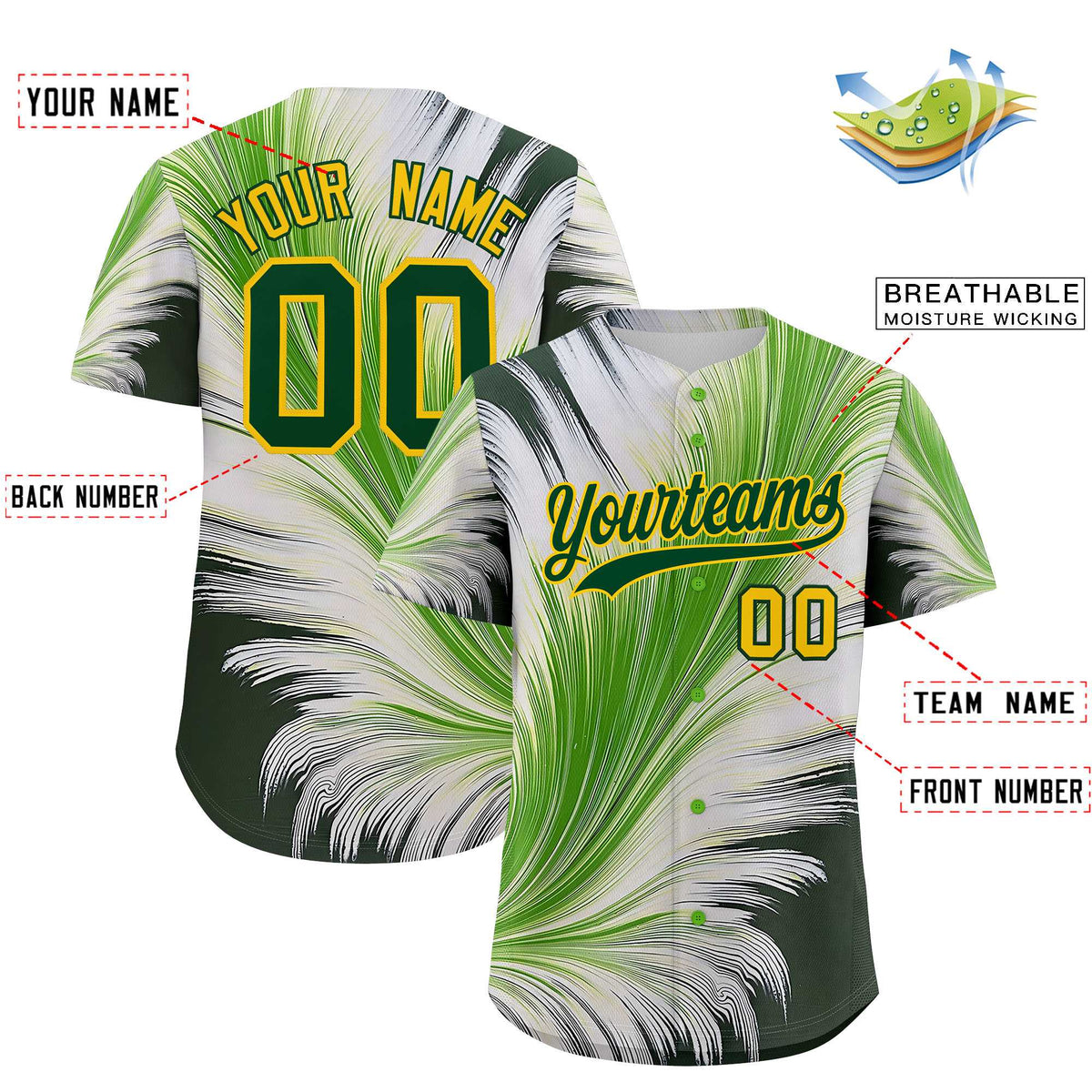Custom Gold Green Fluid Feather Graffiti Pattern Authentic Baseball Jersey