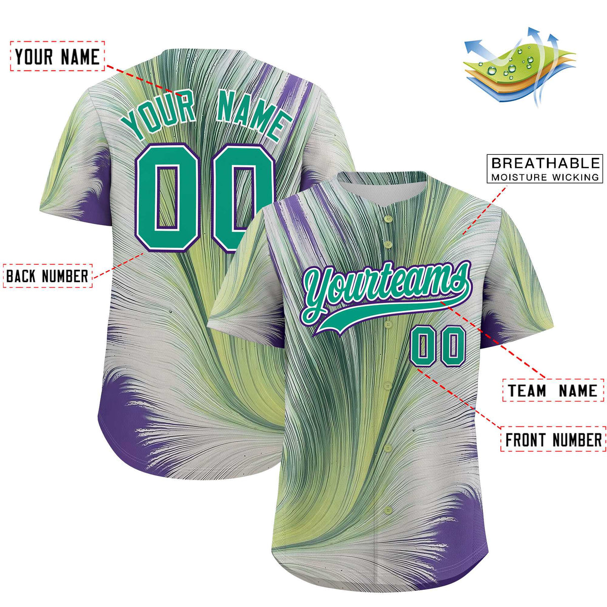 Custom Bright Green White Fluid Feather Graffiti Pattern Authentic Baseball Jersey