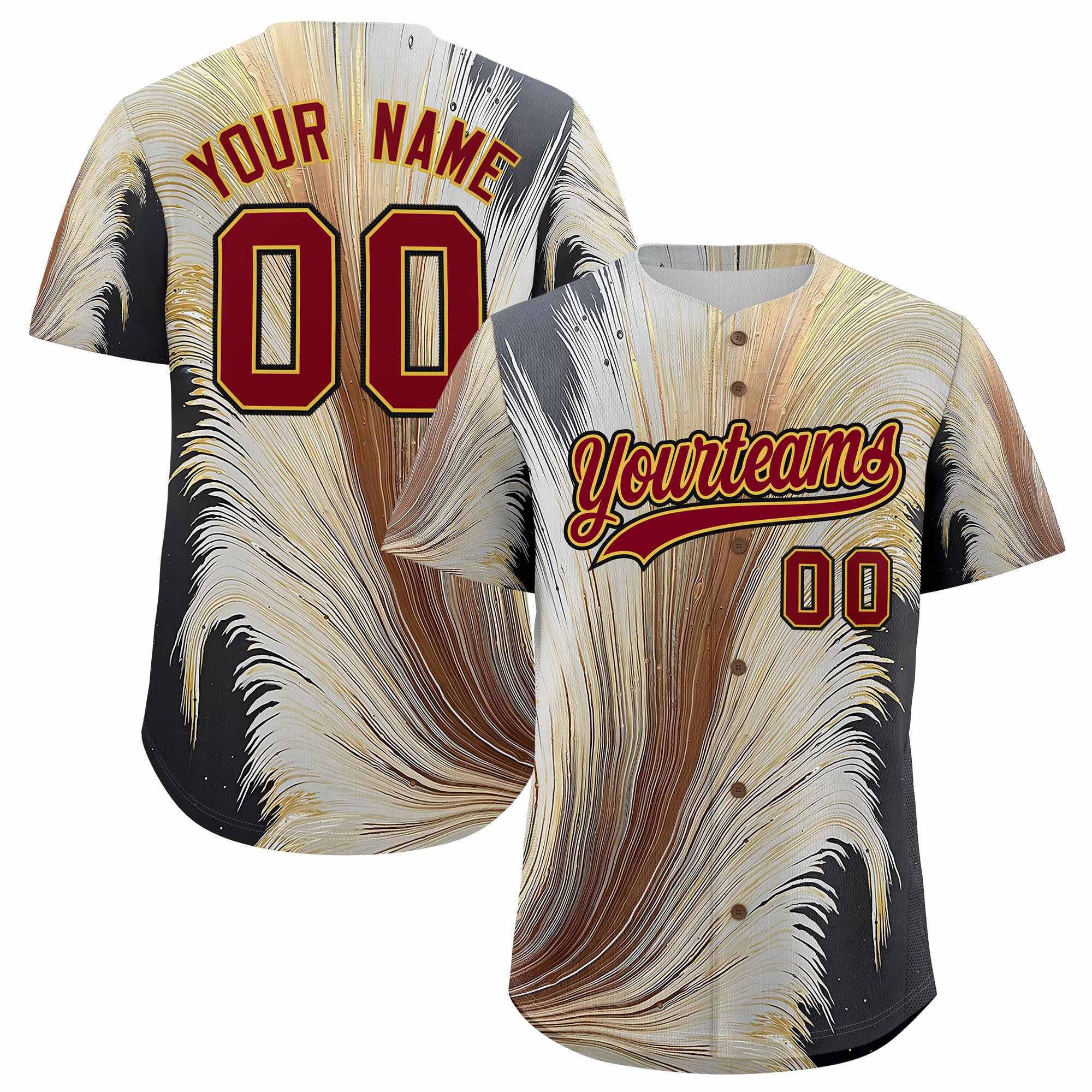 Custom Crimson Old Gold Fluid Feather Graffiti Pattern Authentic Baseball Jersey