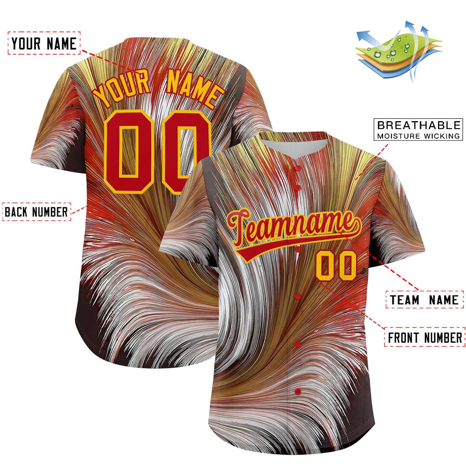 Custom Red Gold Fluid Feather Graffiti Pattern Authentic Baseball Jersey
