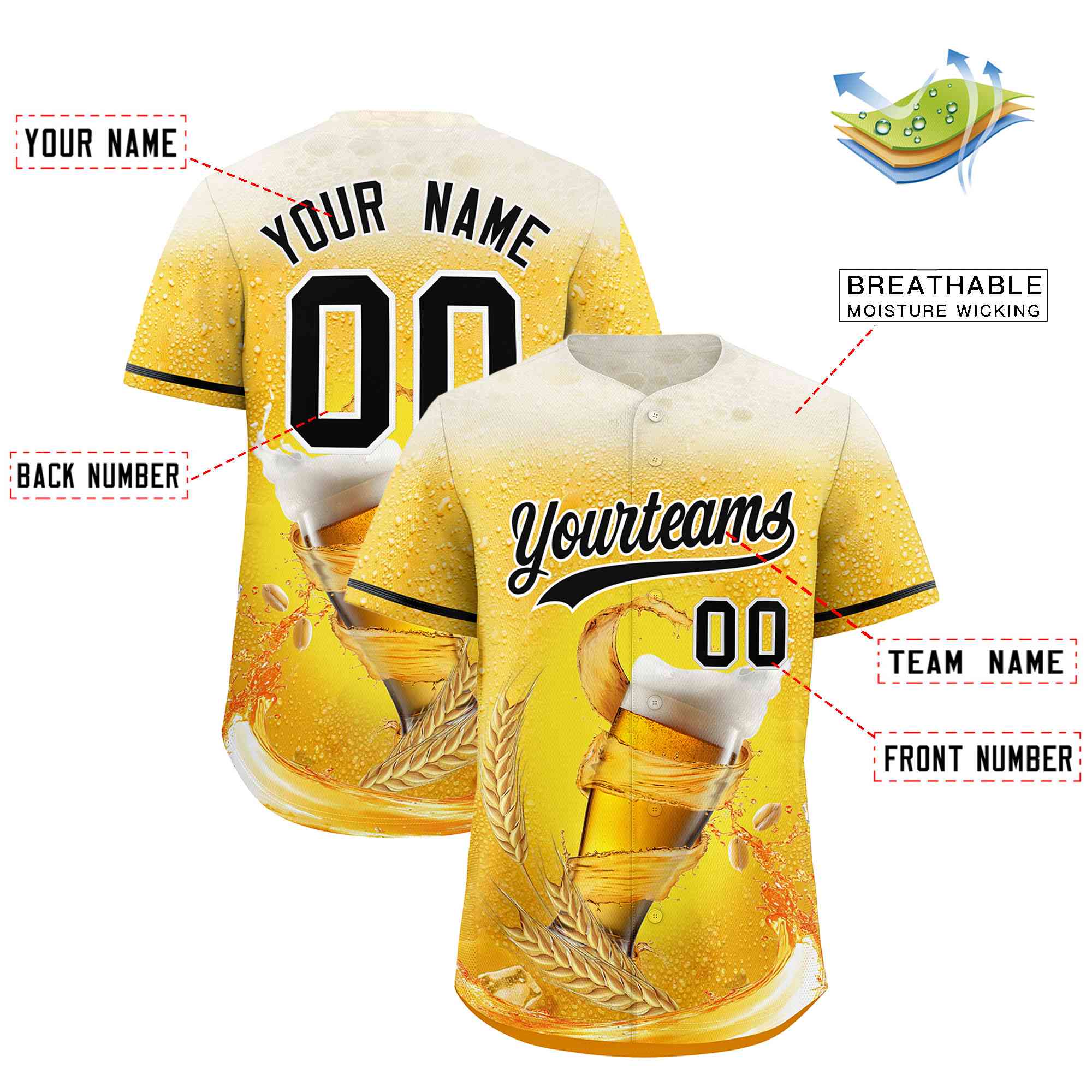 Custom Gold Black National Beer Day Personalized Beer Pattern Baseball Jersey | Suitable For Groups Or Parties | KXKSHOP