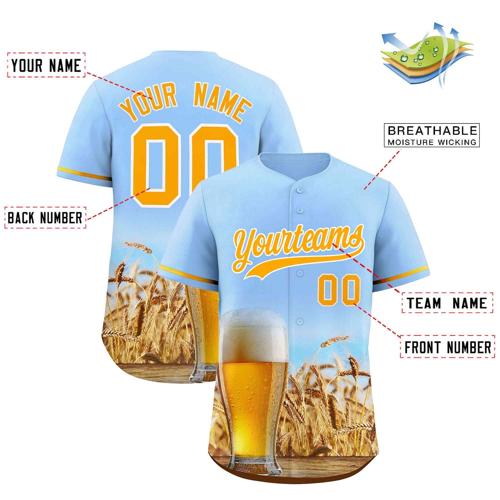 Custom Light Blue Gold National Beer Day Personalized Beer Pattern Baseball Jersey | Suitable For Groups Or Parties | KXKSHOP