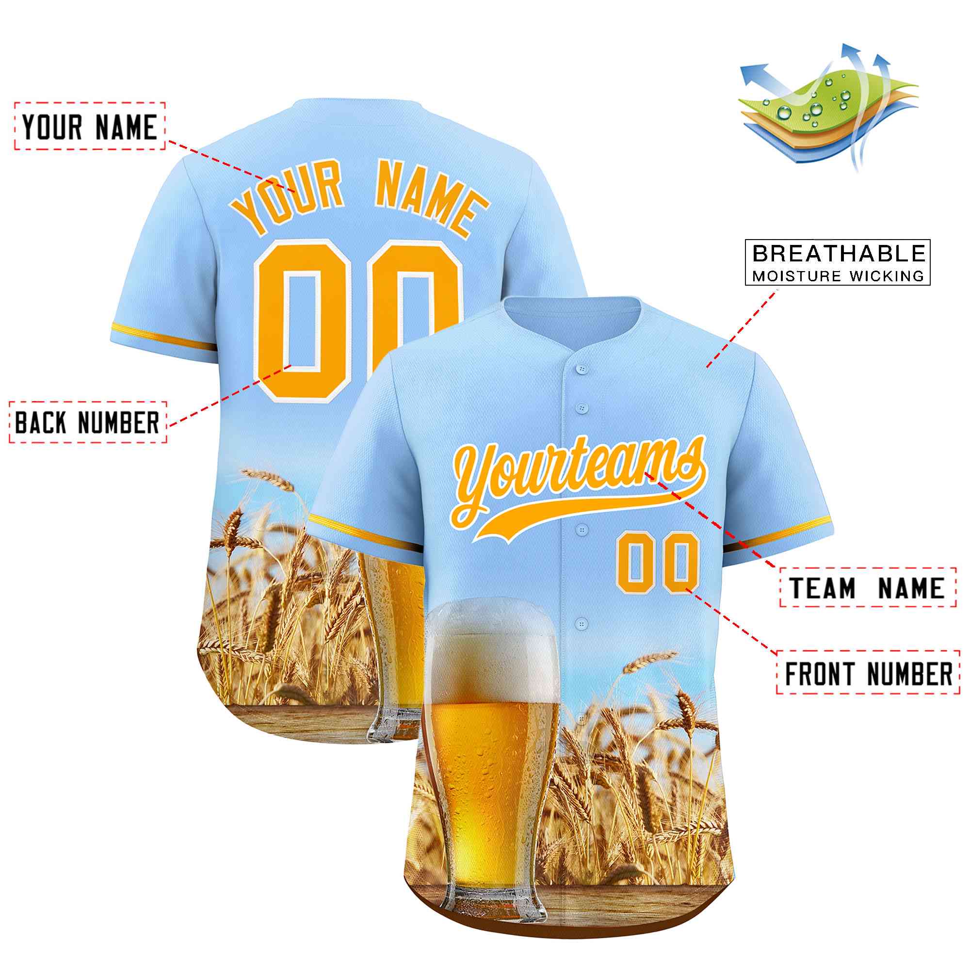 Custom Light Blue Gold National Beer Day Personalized Beer Pattern Baseball Jersey | Suitable For Groups Or Parties | KXKSHOP