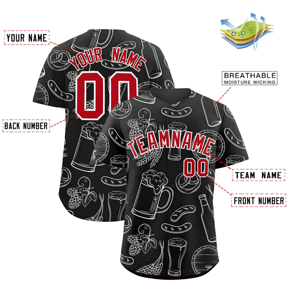Custom Black White National Beer Day Personalized Beer Pattern Baseball Jersey | Suitable For Groups Or Parties | KXKSHOP