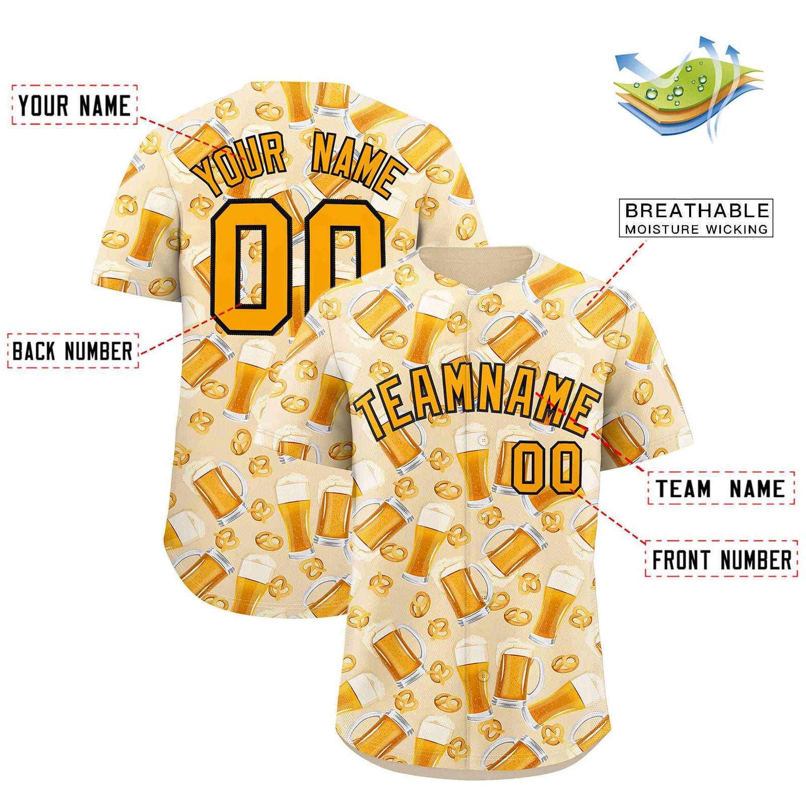 Custom Cream Orange National Beer Day Personalized Beer Pattern Baseball Jersey | Suitable For Groups Or Parties | KXKSHOP