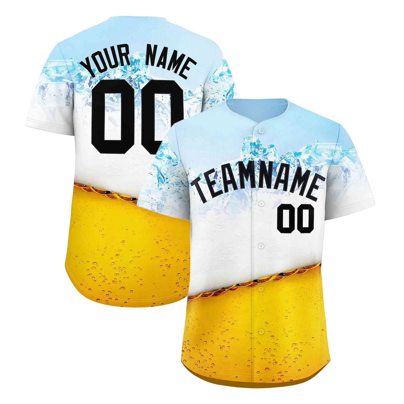 Custom Gold Light Blue National Beer Day Personalized Beer Pattern Baseball Jersey | Suitable For Groups Or Parties | KXKSHOP