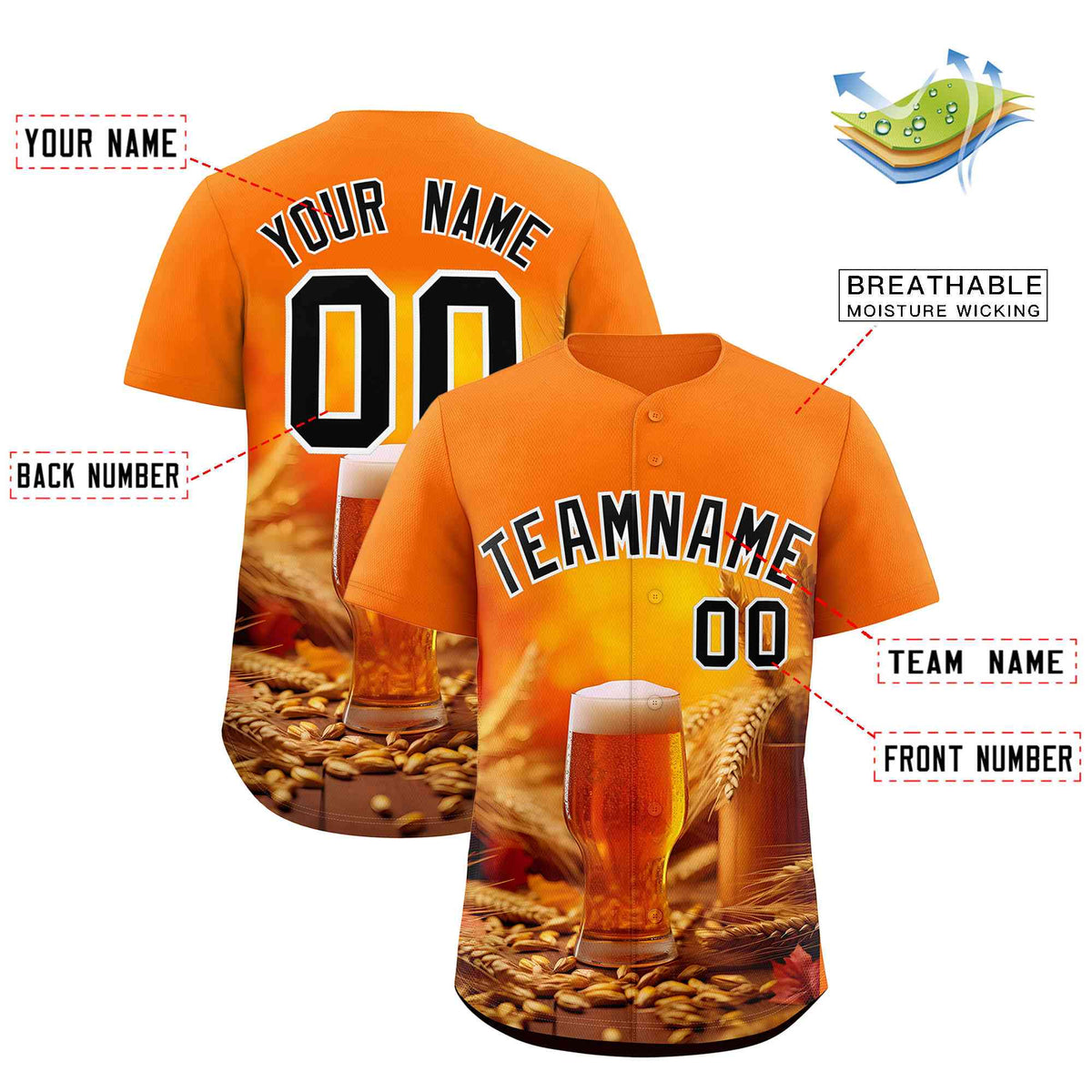 Custom Orange National Beer Day Personalized Beer Pattern Baseball Jersey | Suitable For Groups Or Parties | KXKSHOP