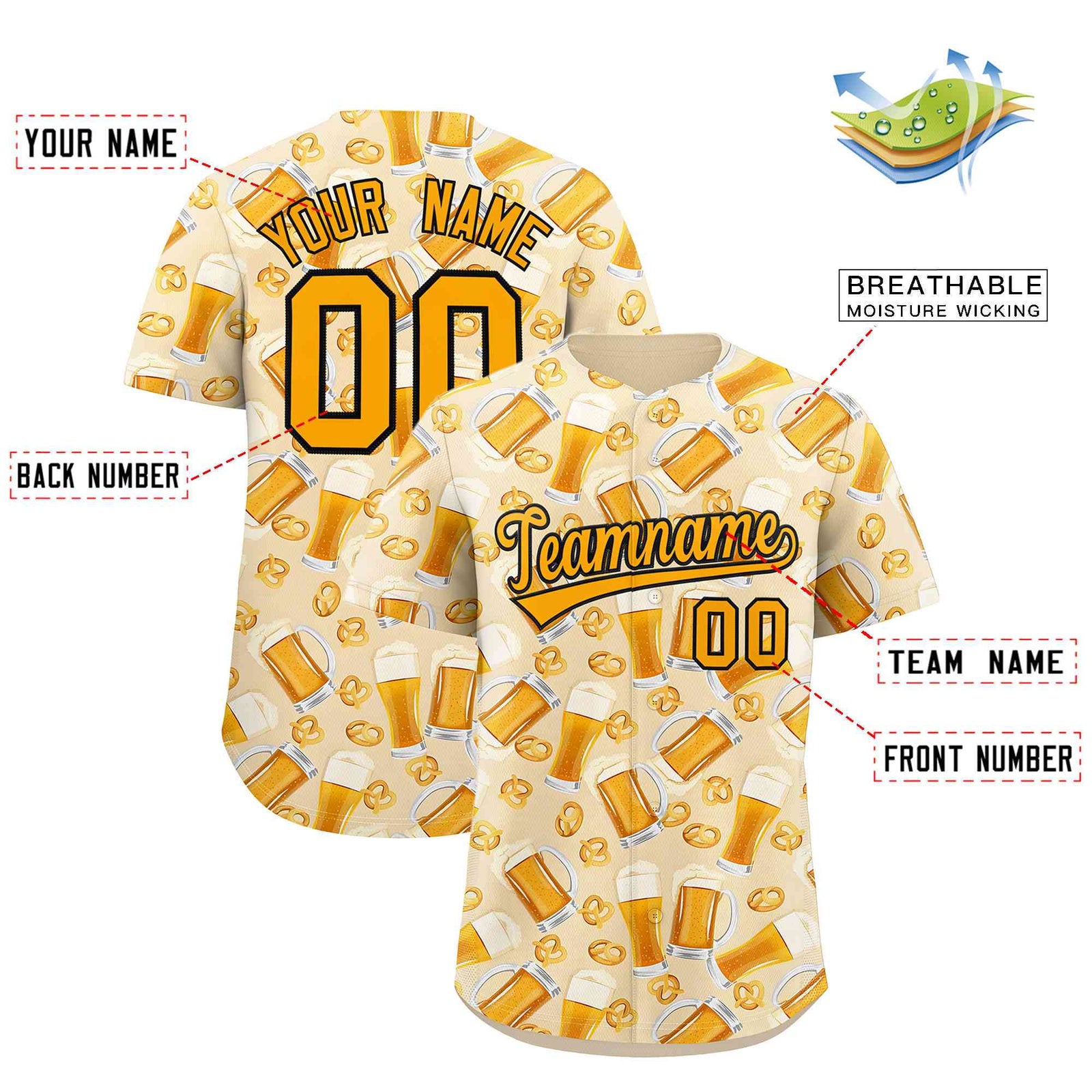 Custom Cream Orange National Beer Day Personalized Beer Pattern Baseball Jersey | Suitable For Groups Or Parties | KXKSHOP