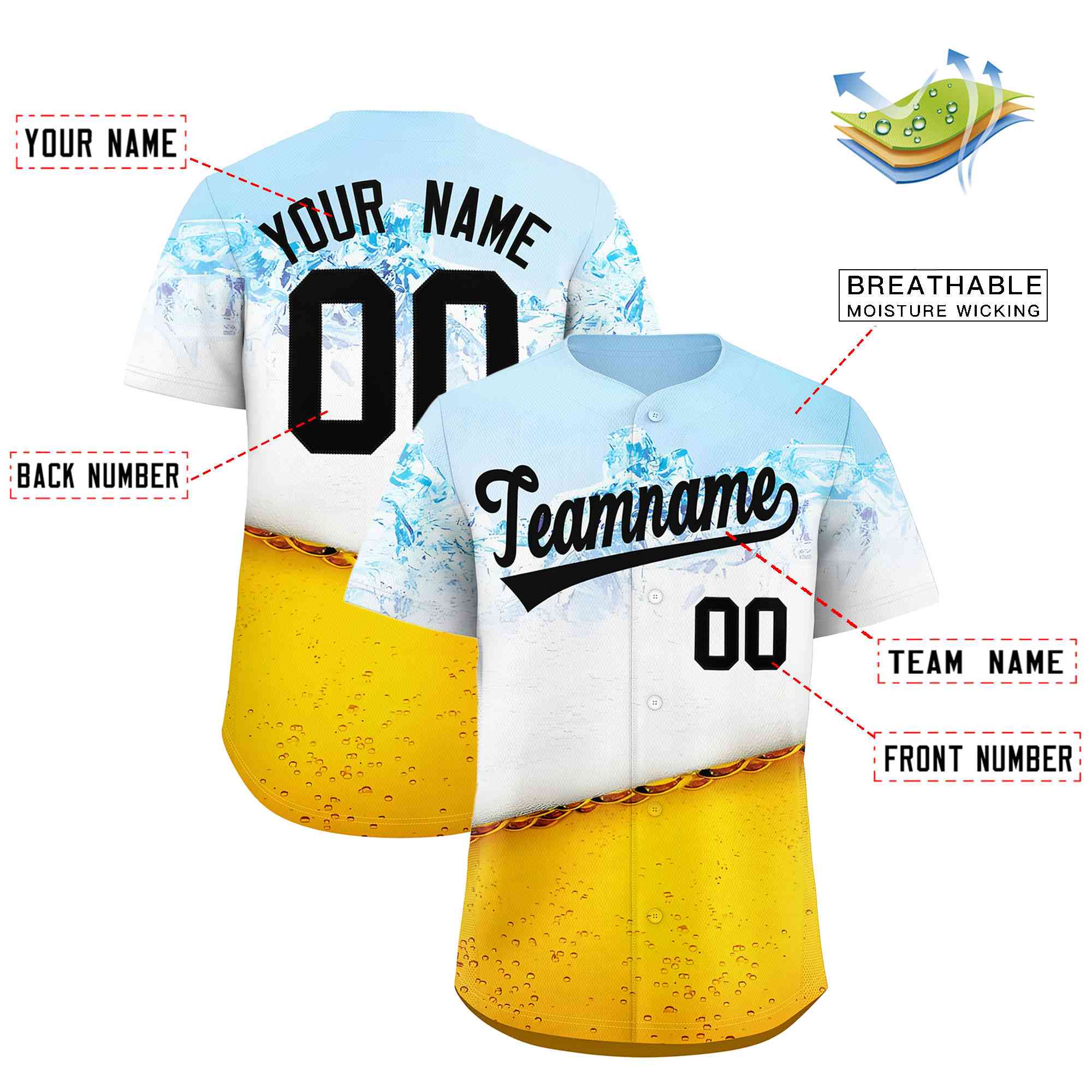 Custom Gold Light Blue National Beer Day Personalized Beer Pattern Baseball Jersey | Suitable For Groups Or Parties | KXKSHOP