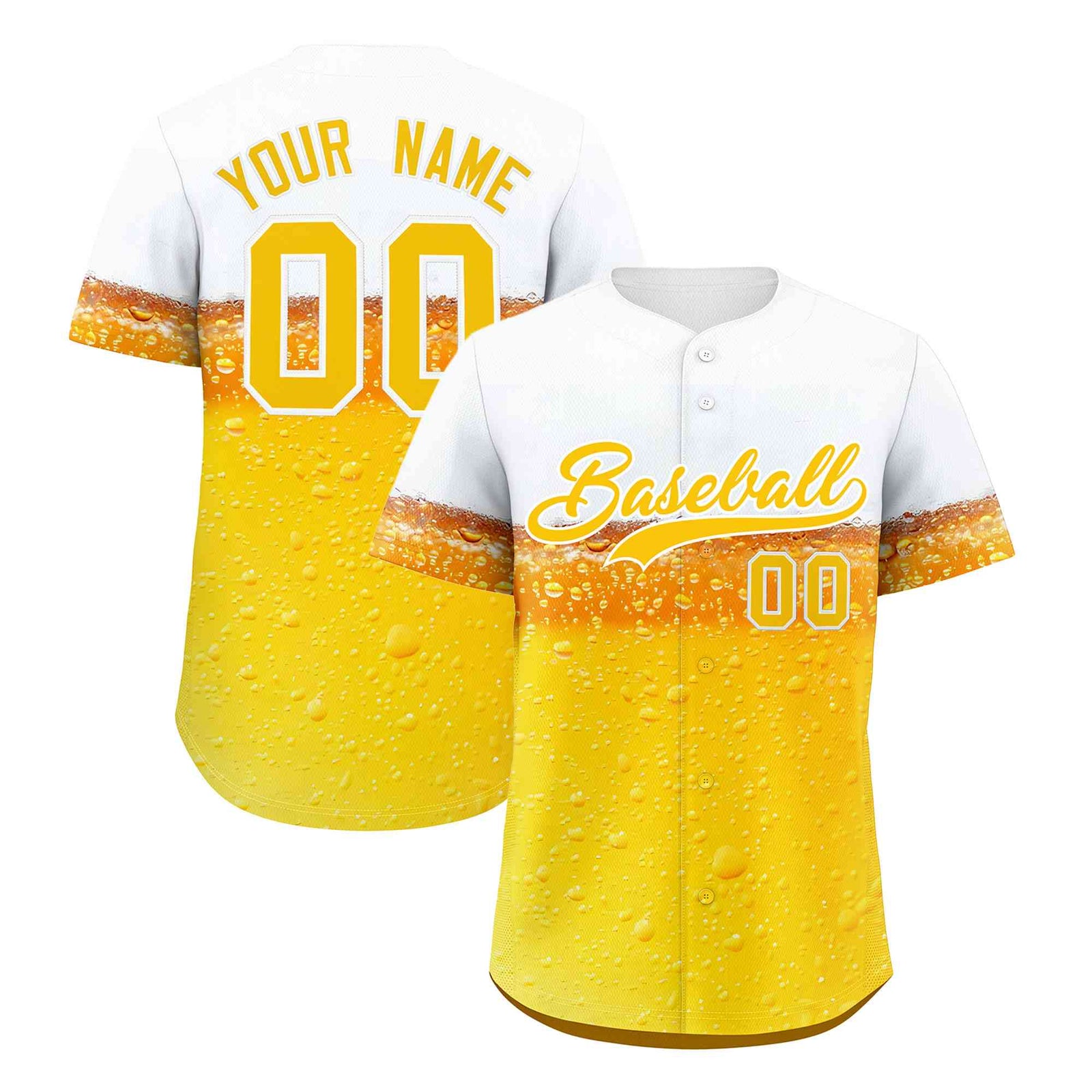 Custom Gold White National Beer Day Personalized Beer Pattern Baseball Jersey | Suitable For Groups Or Parties | KXKSHOP