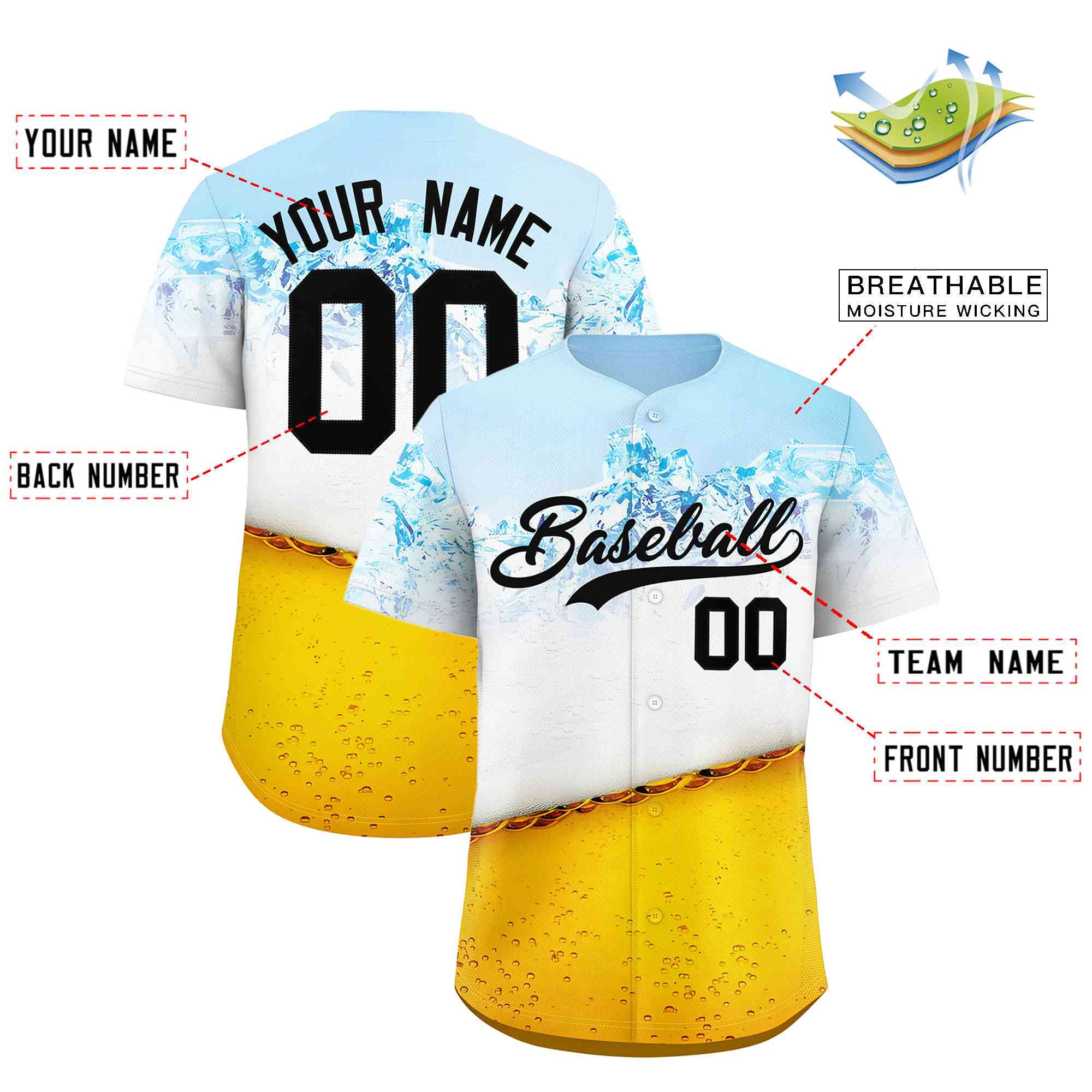 Custom Gold Light Blue National Beer Day Personalized Beer Pattern Baseball Jersey | Suitable For Groups Or Parties | KXKSHOP