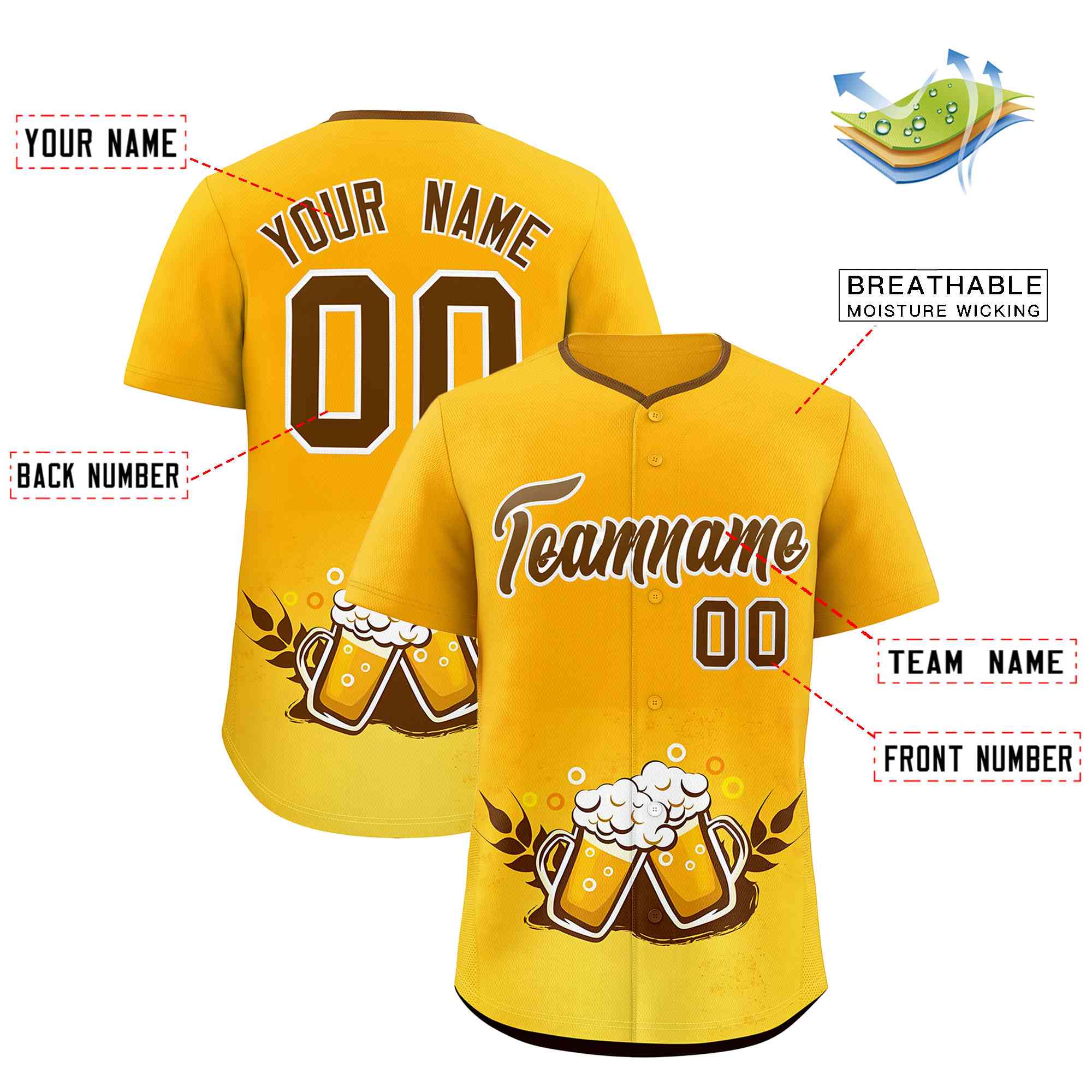 Custom Yellow Light Brown National Beer Day Personalized Beer Pattern Baseball Jersey | Suitable For Groups Or Parties | KXKSHOP