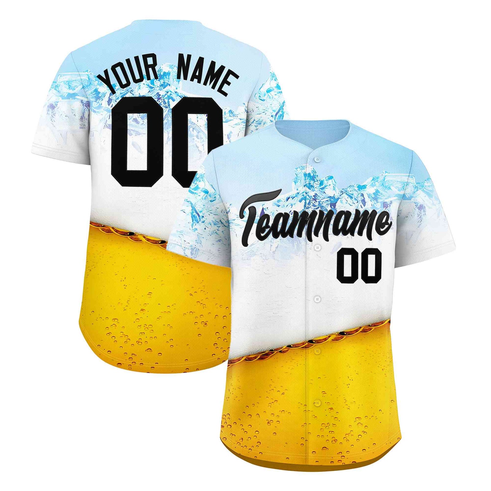 Custom Gold Light Blue National Beer Day Personalized Beer Pattern Baseball Jersey | Suitable For Groups Or Parties | KXKSHOP