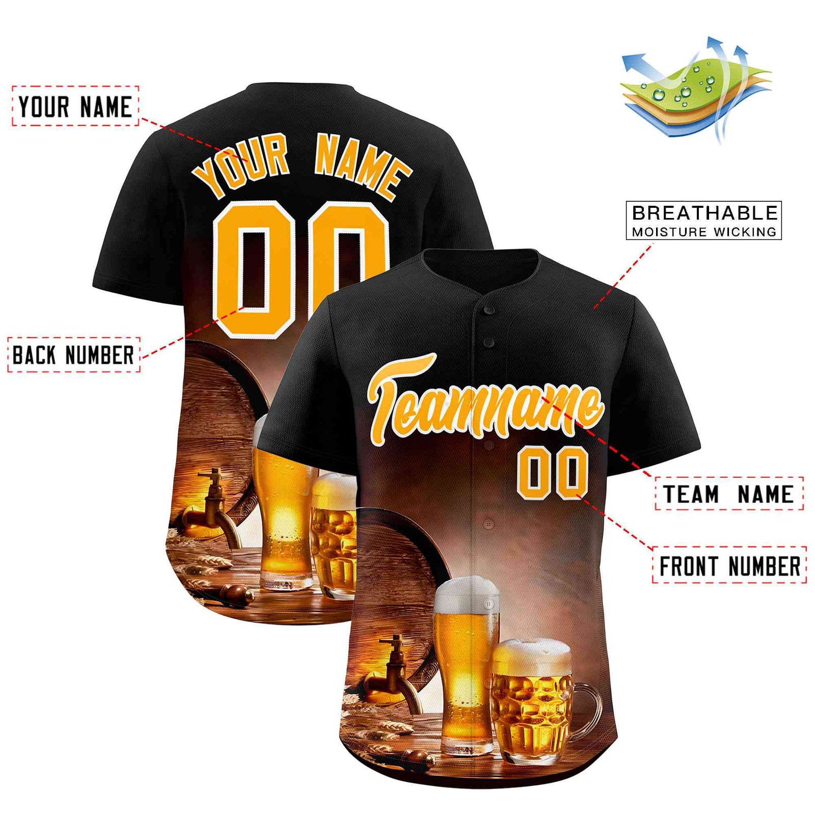 Custom Black National Beer Day Personalized Beer Pattern Baseball Jersey | Suitable For Groups Or Parties | KXKSHOP