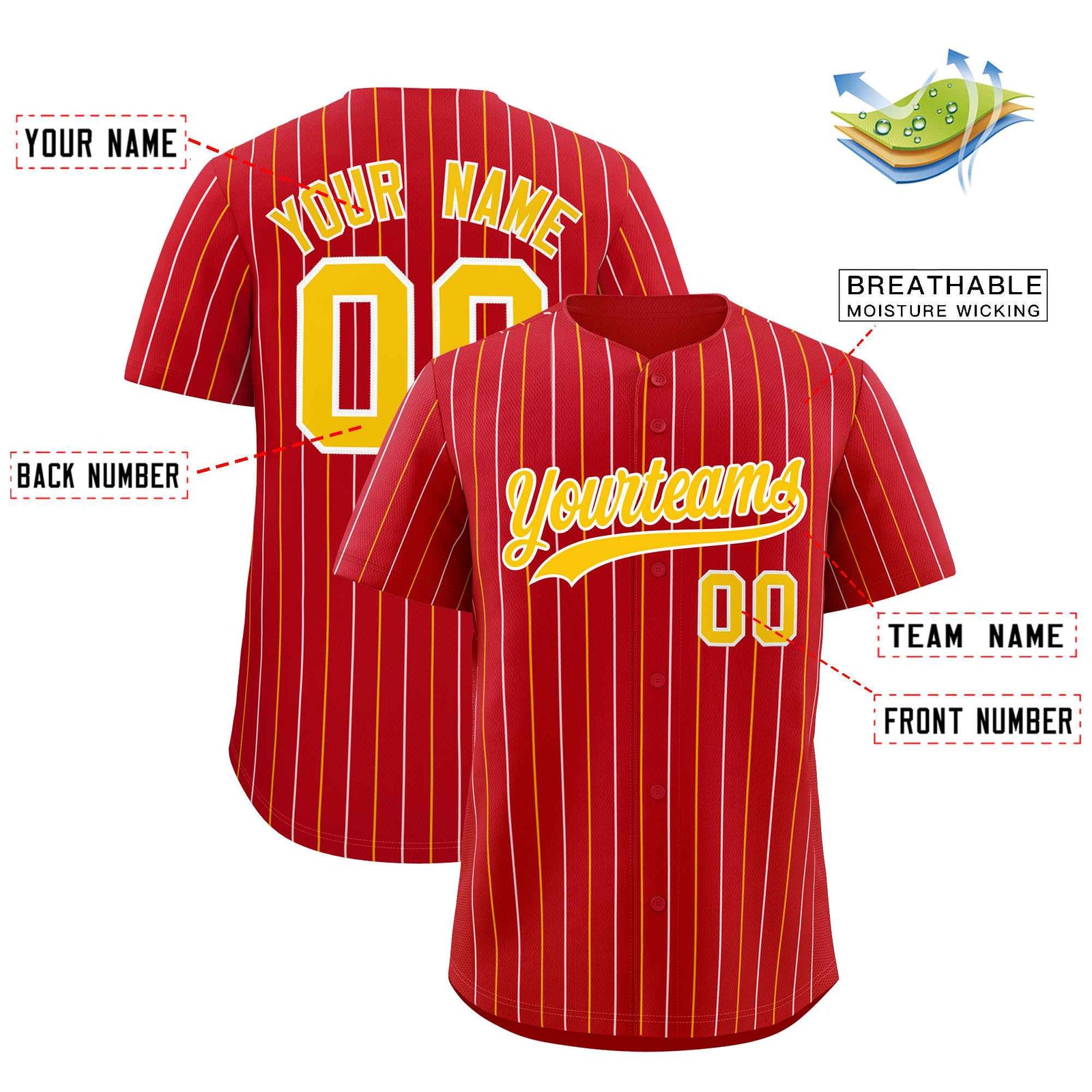 Custom Red Gold and White Bi-Color Stripes Fashion Authentic Baseball Jersey