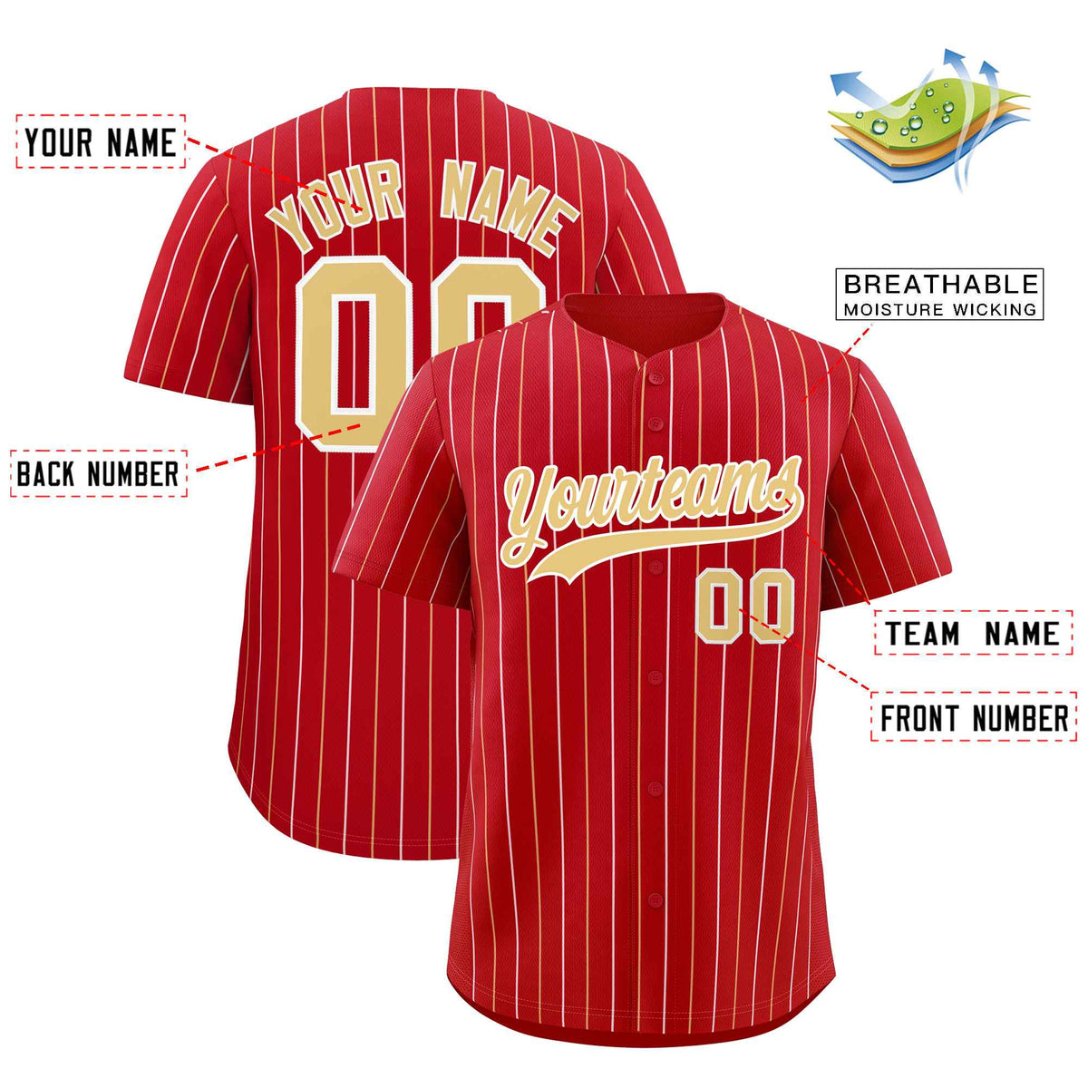 Custom Red Khaki and White Bi-Color Stripes Fashion Authentic Baseball Jersey