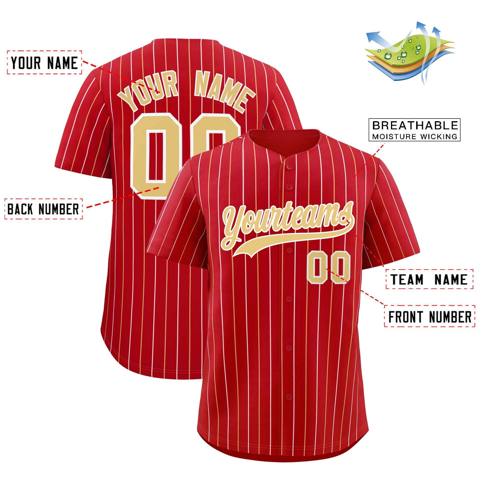 Custom Red Khaki and White Bi-Color Stripes Fashion Authentic Baseball Jersey