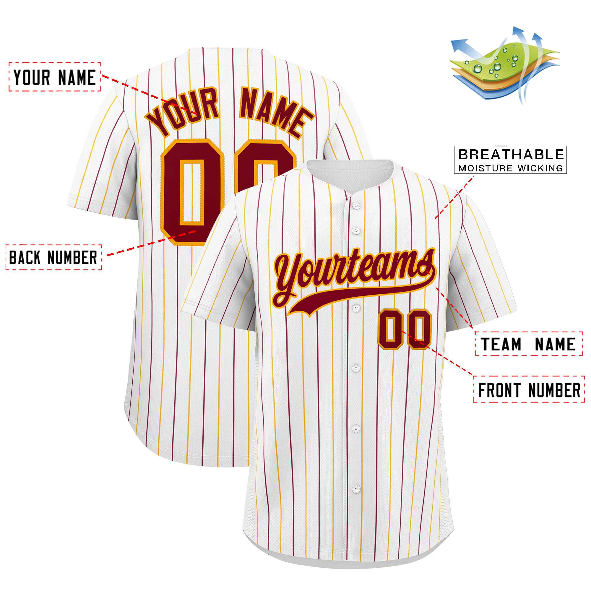 Custom White Crimson and Yellow Bi-Color Stripes Fashion Authentic Baseball Jersey