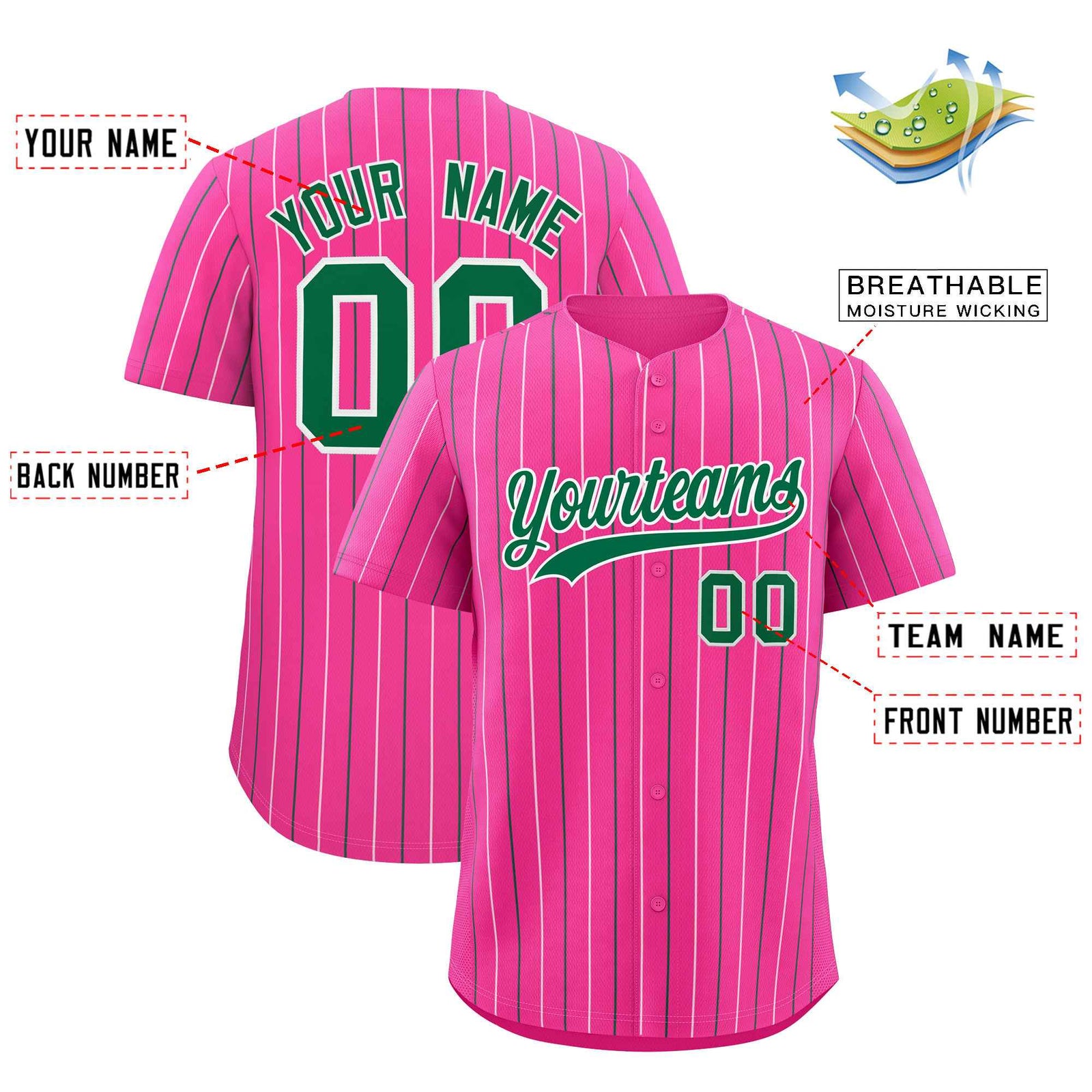 Custom Pink White and Kelly Green Bi-Color Stripes Fashion Authentic Baseball Jersey