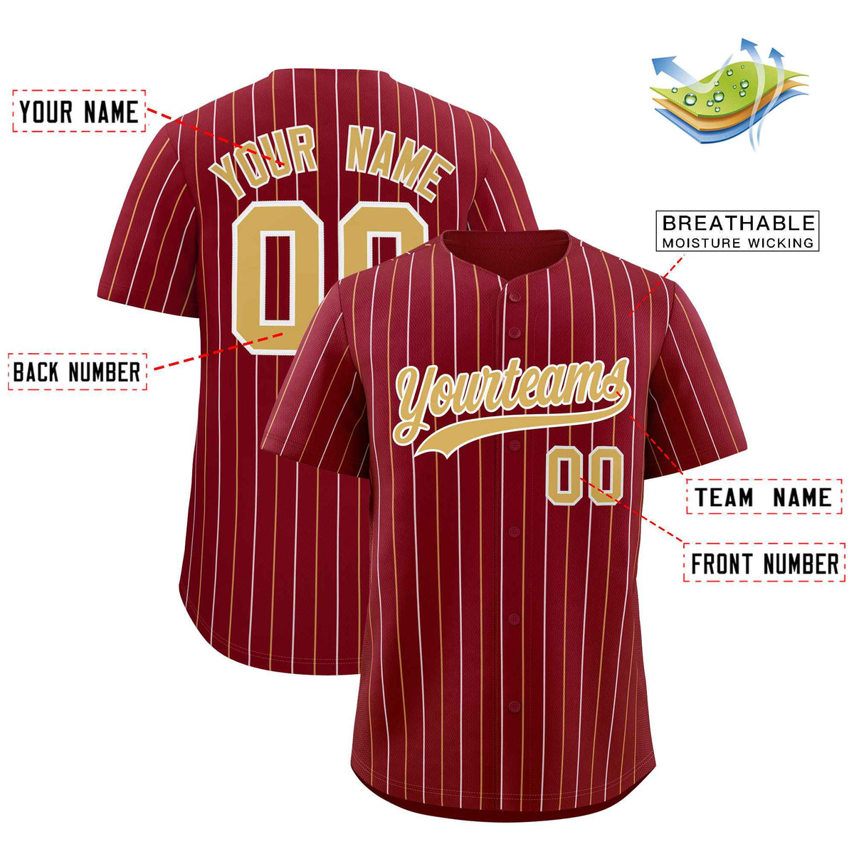 Custom Crimson Old Gold and White Bi-Color Stripes Fashion Authentic Baseball Jersey