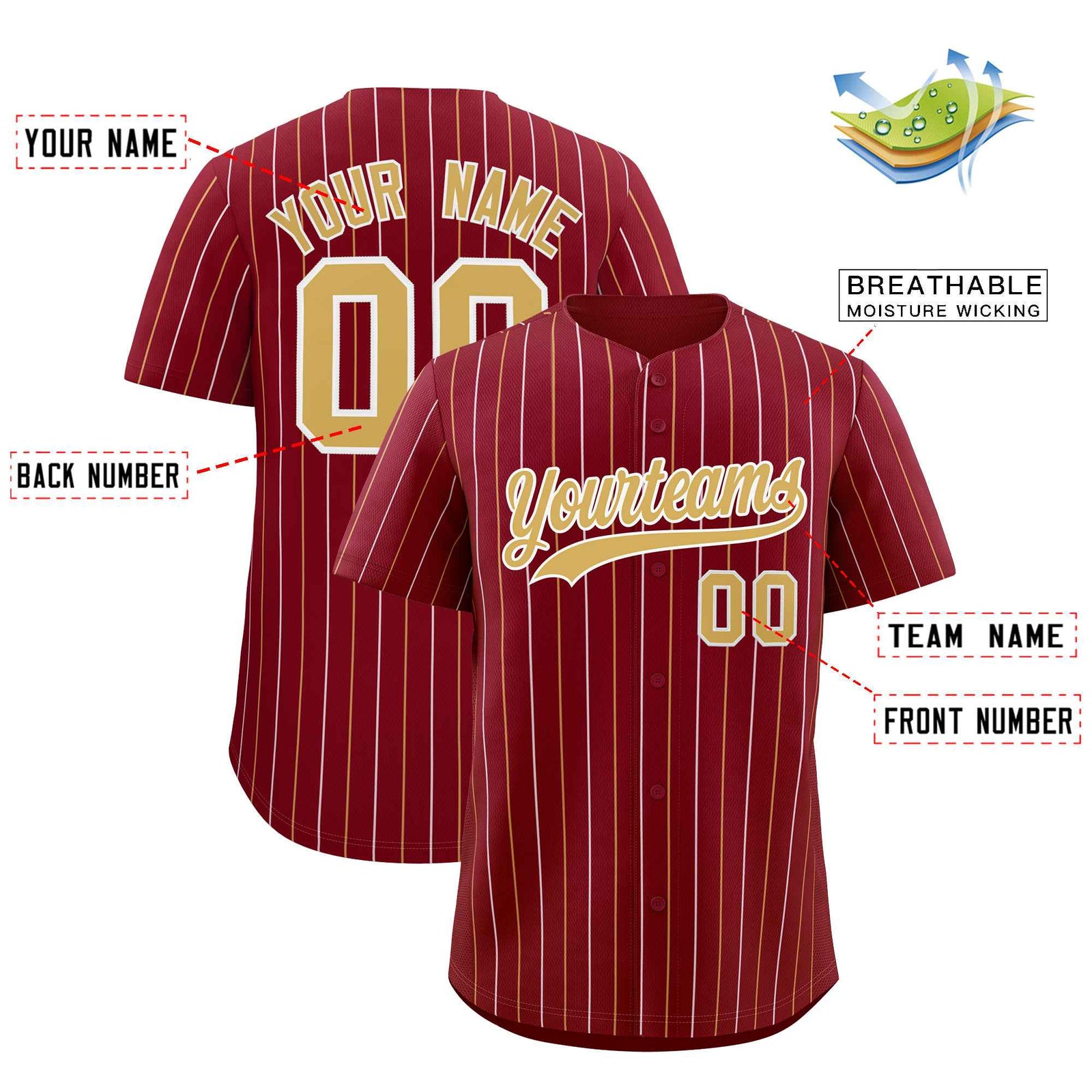 Custom Crimson Old Gold and White Bi-Color Stripes Fashion Authentic Baseball Jersey
