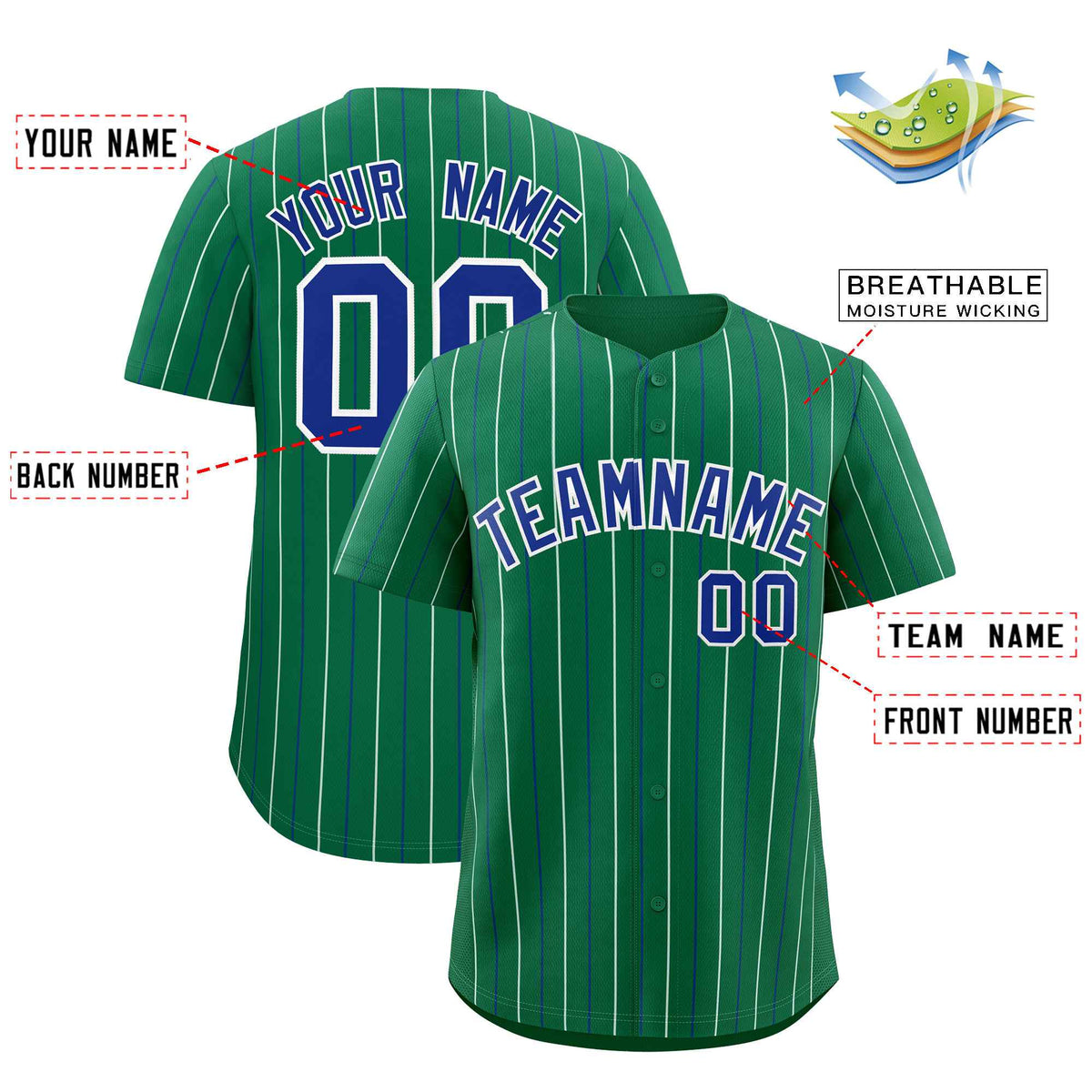 Custom Kelly Green Royal and White Bi-Color Stripes Fashion Authentic Baseball Jersey