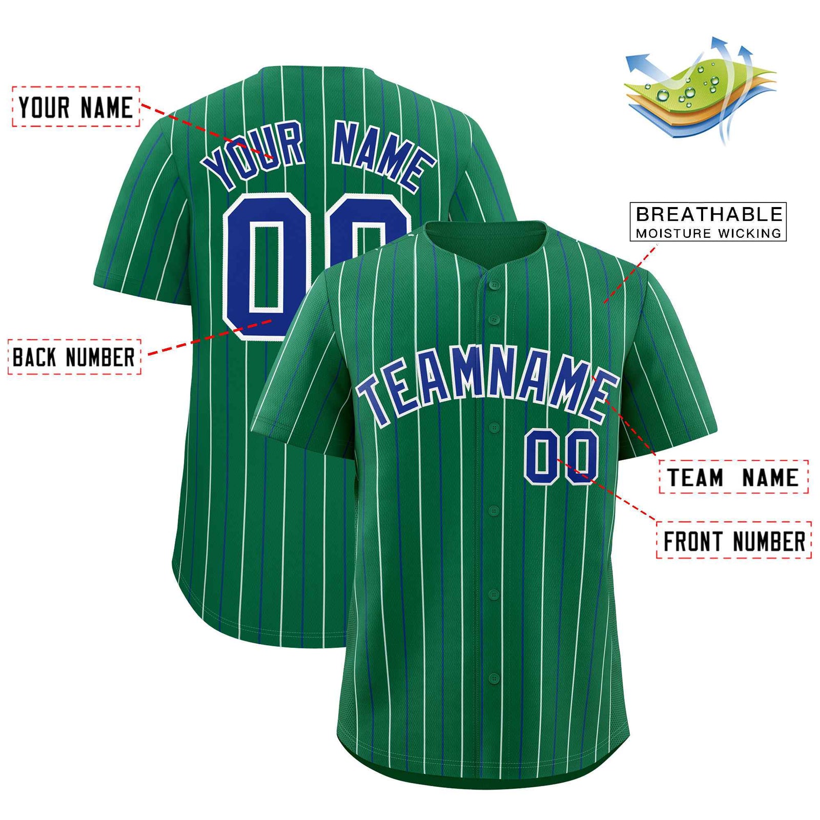 Custom Kelly Green Royal and White Bi-Color Stripes Fashion Authentic Baseball Jersey