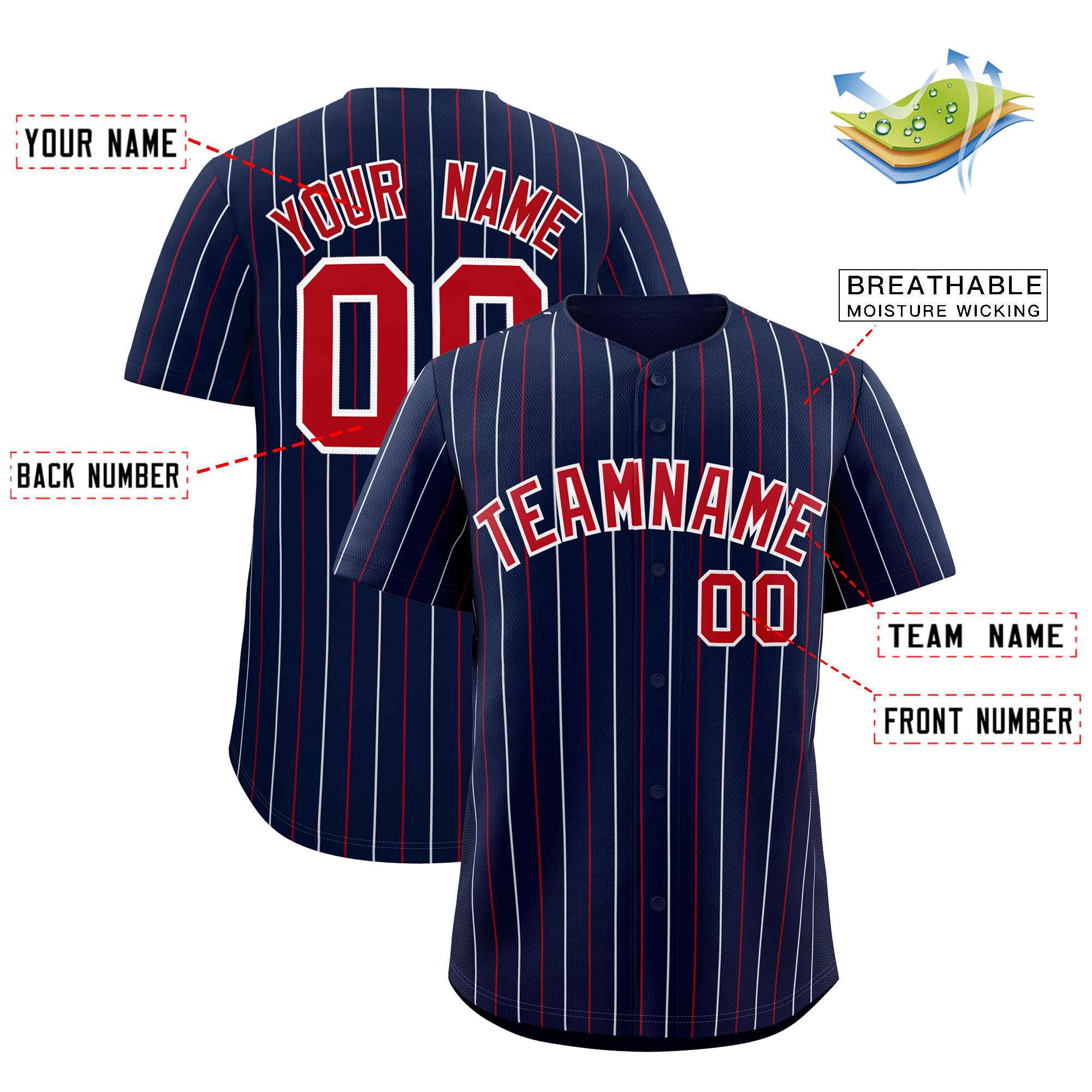Custom Navy Red and White Bi-Color Stripes Fashion Authentic Baseball Jersey