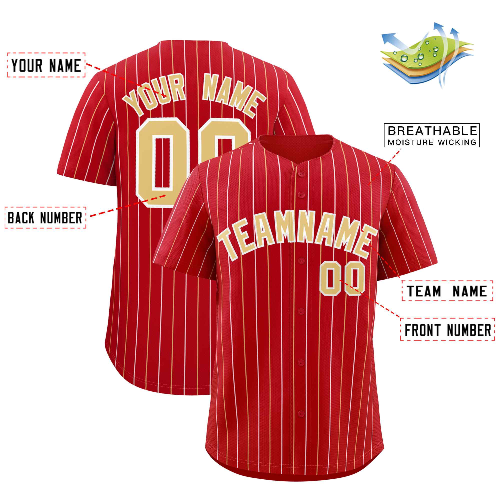 Custom Red Khaki and White Bi-Color Stripes Fashion Authentic Baseball Jersey