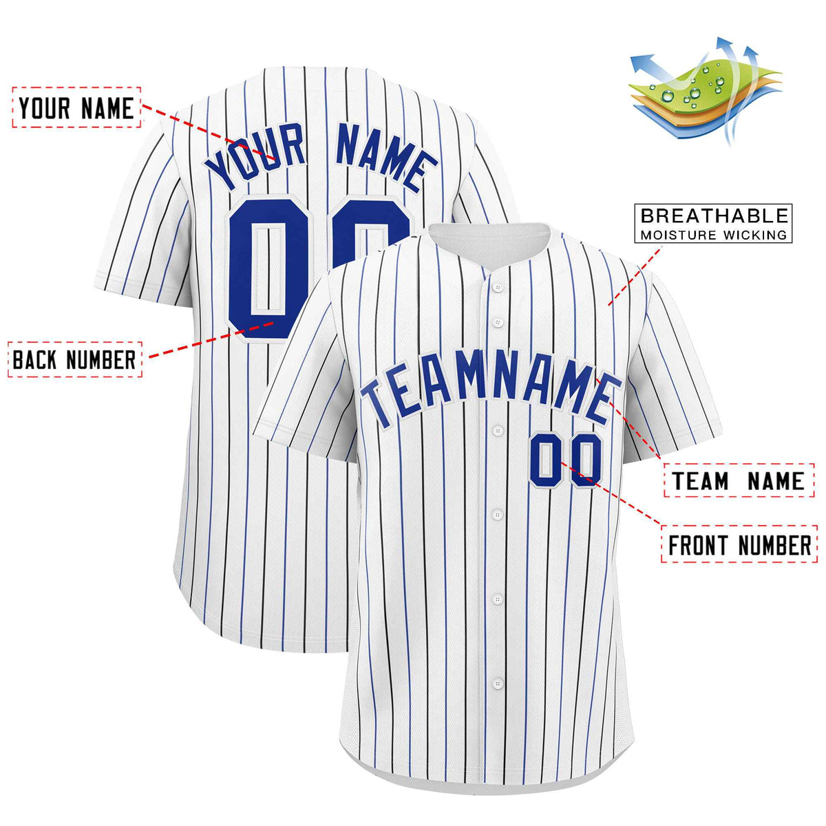Custom White Royal and Black Bi-Color Stripes Fashion Authentic Baseball Jersey