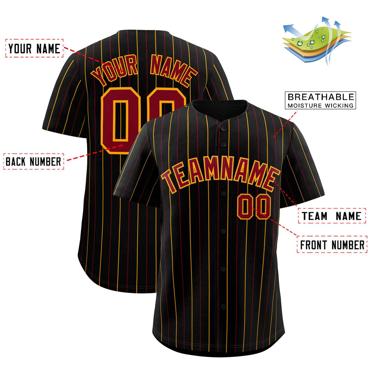 Custom Black Crimson and Yellow Bi-Color Stripes Fashion Authentic Baseball Jersey