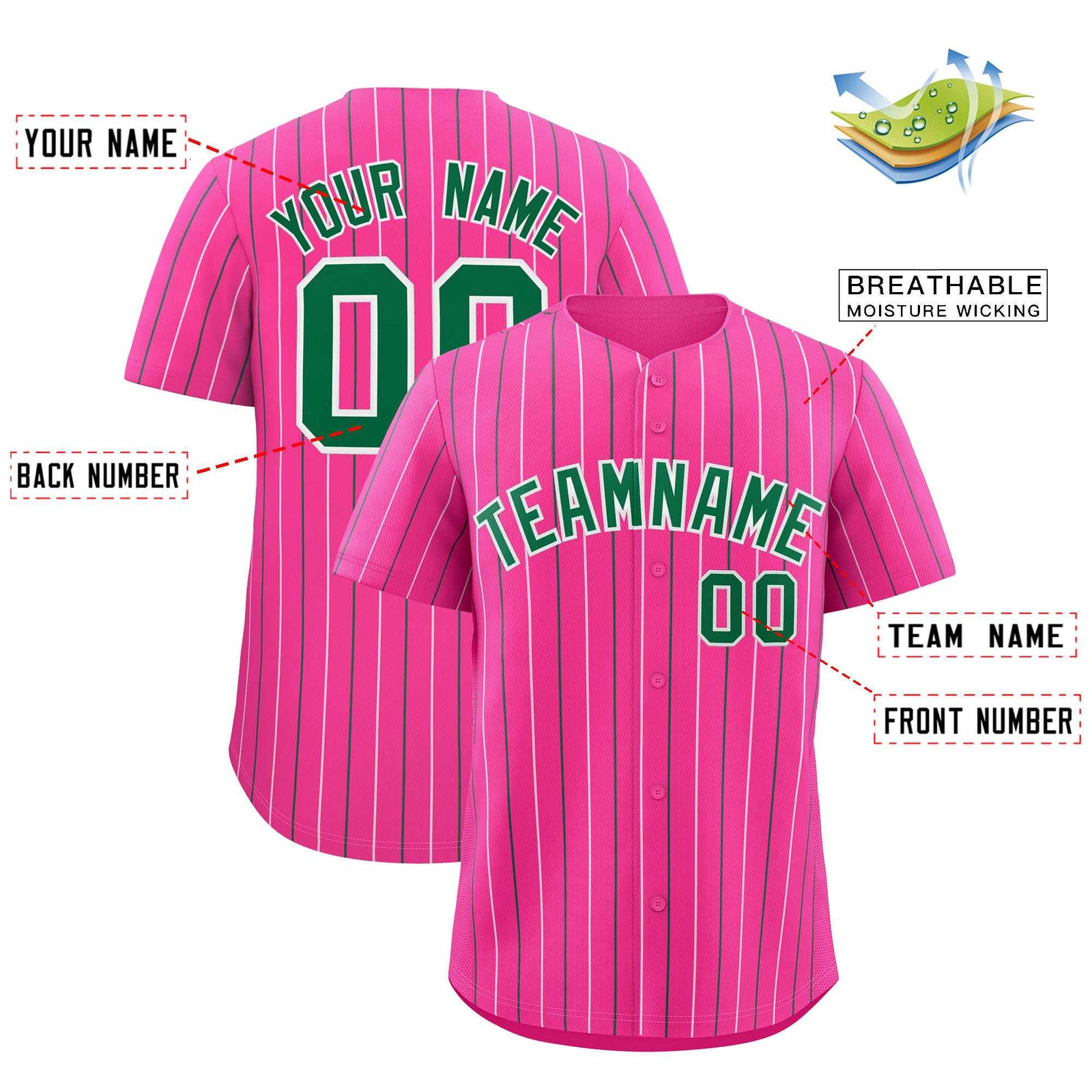 Custom Pink White and Kelly Green Bi-Color Stripes Fashion Authentic Baseball Jersey