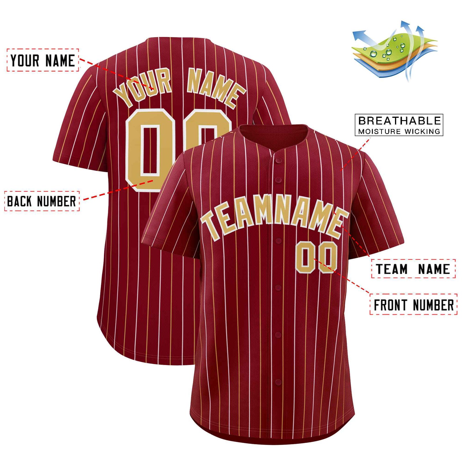 Custom Crimson Old Gold and White Bi-Color Stripes Fashion Authentic Baseball Jersey