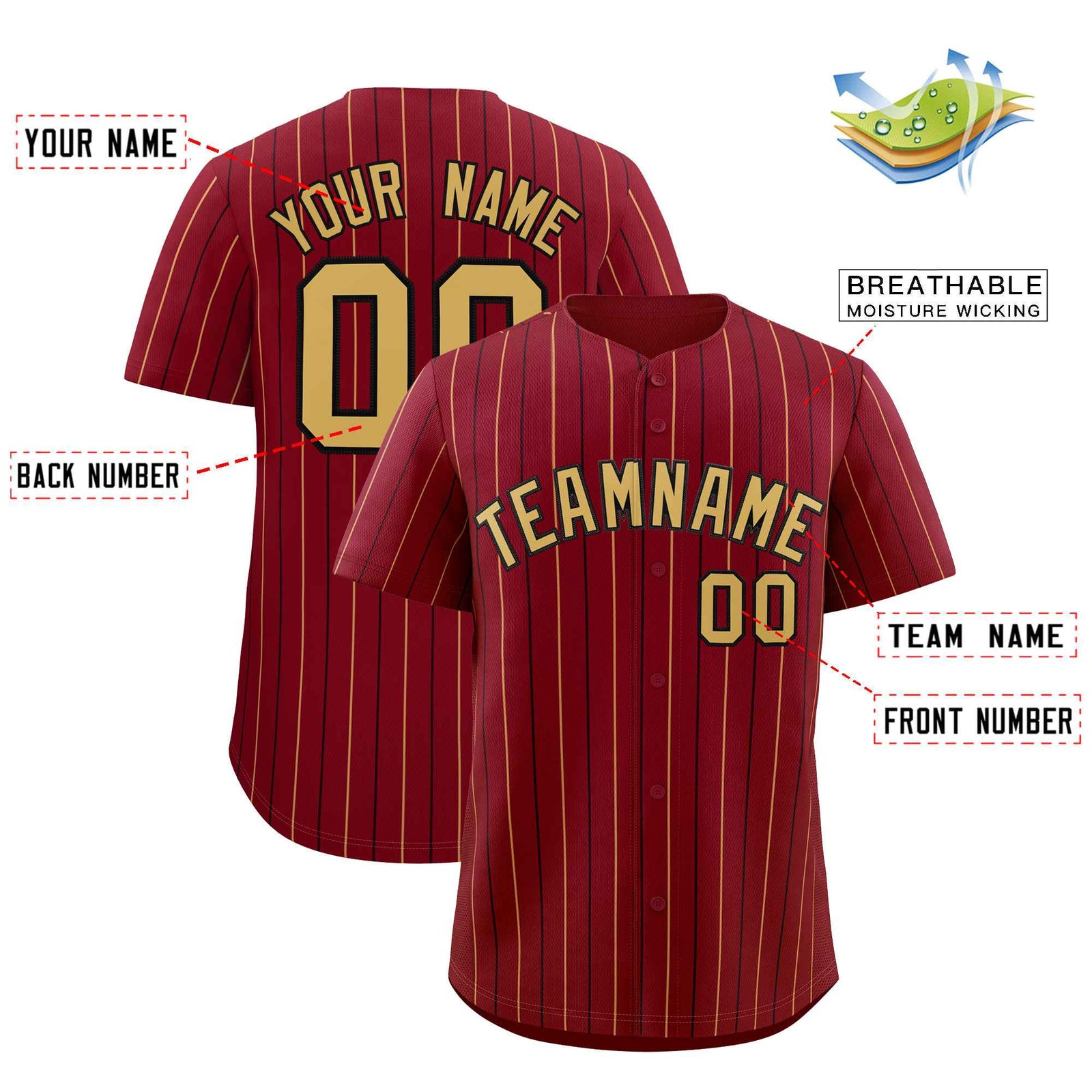 Custom Crimson Old Gold and Black Bi-Color Stripes Fashion Authentic Baseball Jersey